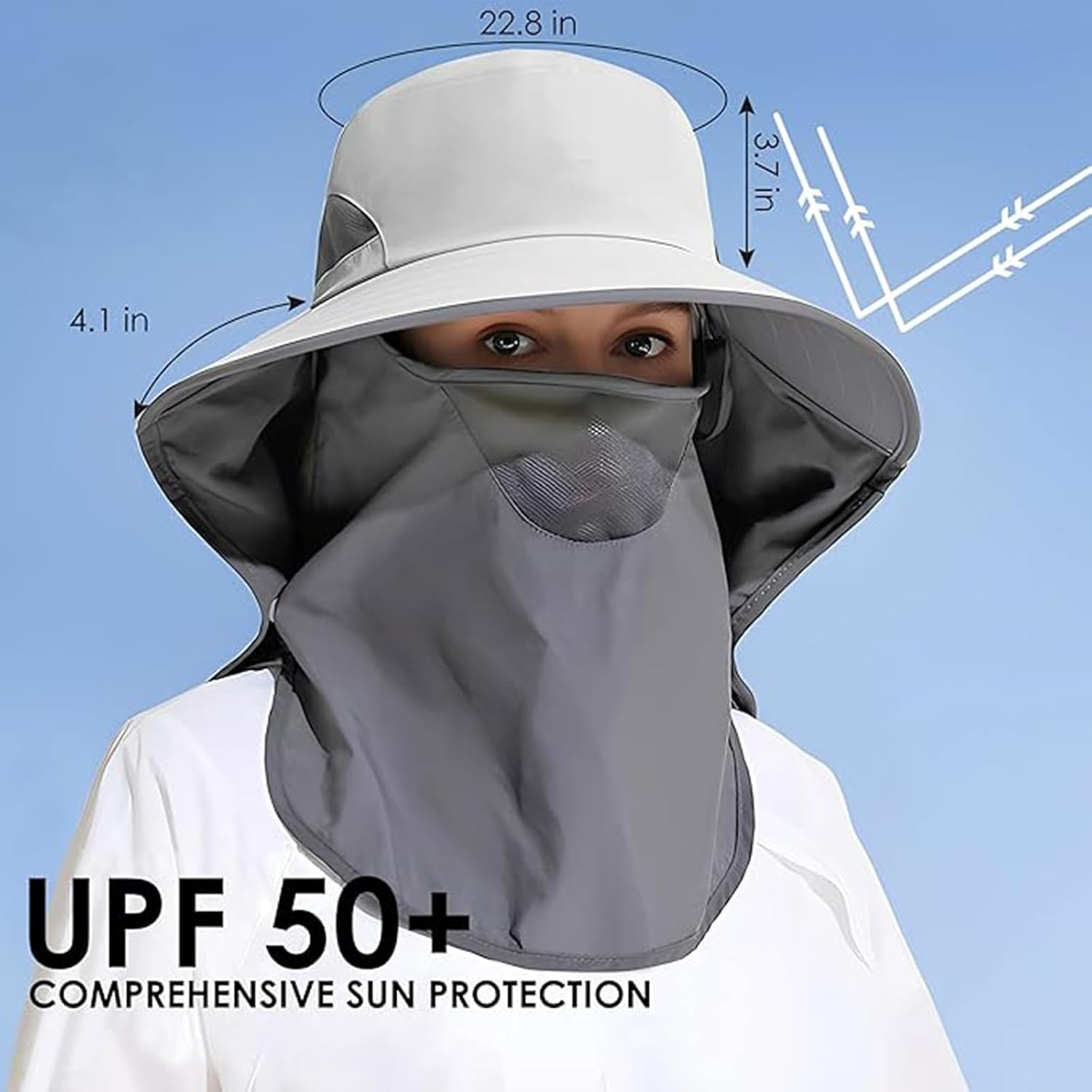 Outdoor Sun Hat Detachable Neck Face Flap UPF 50+UV Protection Visor Fishing Hats with Neck Flap for Men & Women Light Gray image number 2