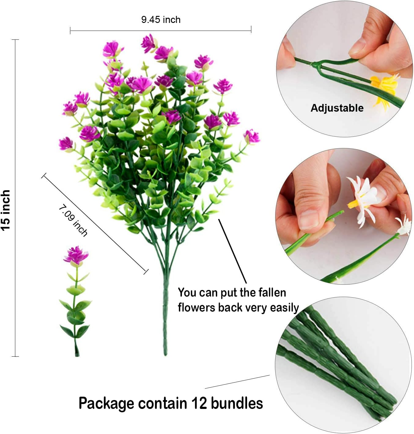 Artificial Flowers for Outdoors UV Resistant - 12 PCS Bundles Faux Fake Outdoor Plants Plastic Flowers Bushes Shrubs No Fade Artificial Greenery Home Porch Stems outside Window Box Decor(Magenta) - Green Orange image number 2