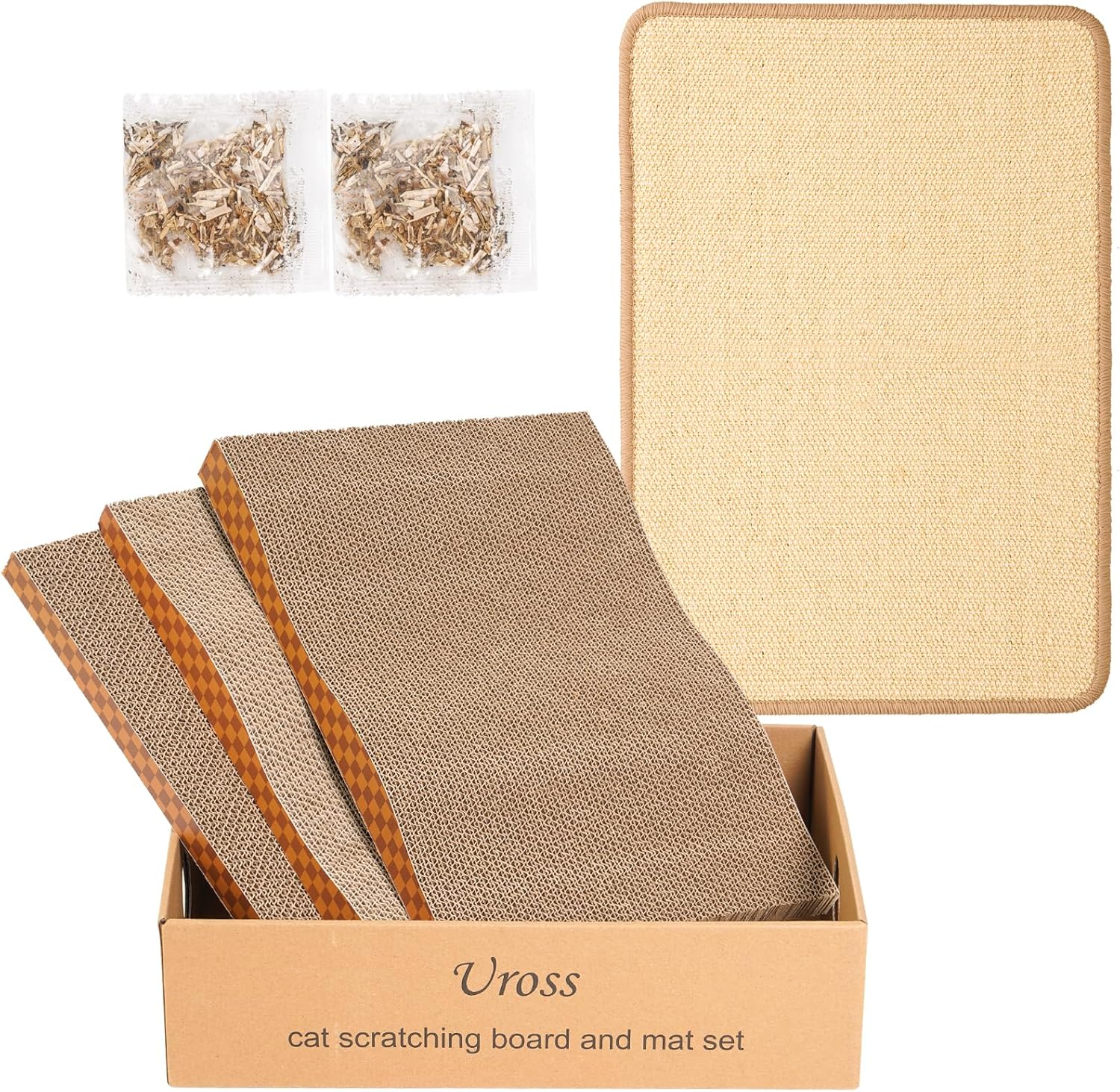 Uross Cat Scratcher Box 3 in 1 Reversible Cardboard Scratching Pad and 1PCS 40 X 60 CM Natural Sisal Cat Scratch Mat, 2 PCS Scratching Pads Double-Sided Texture Curve Design Cat Scratch Board for Sofa image number 1