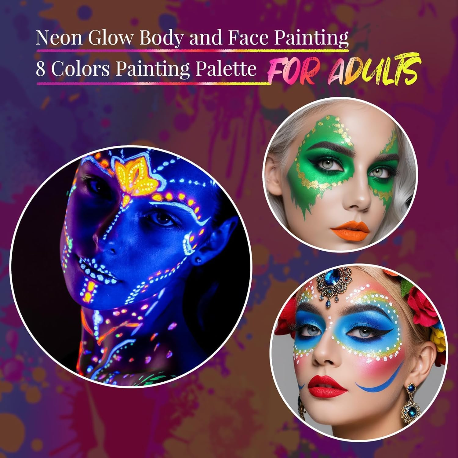 YBUETE 8 Colors UV Black Light Face Paint Palette, Glow in the UV Blacklight Body Paint,8 Colors Neon Fluorescent Body Paint Palette for Halloween Makeup, Cosplay Party, SFX Makeup Palette with Brush image number 4