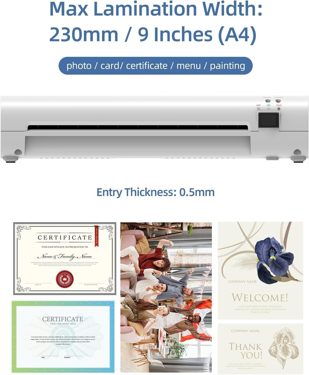Omiention 9" Hot & Cold Laminator A4/A5/A6 Thermal Laminating Machine with 15 Sheets, 60Hz Dual Roller Fast Lamination, ABS Anti-Jam System for Home/Office/School &ndash; Compact & Portable image number 1
