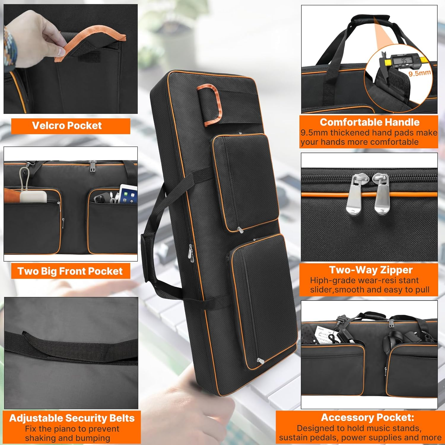 LIWSHWZ 76 Key Keyboard Case,10Mm Pearl Cotton Full Padded Electric Piano Keyboard Gig Bag with Handles,Adjustable Shoulder Straps,46.4"X17.7"X5.7"Waterproof Piano Keyboard Bag with 5 Accessory Pocket image number 2