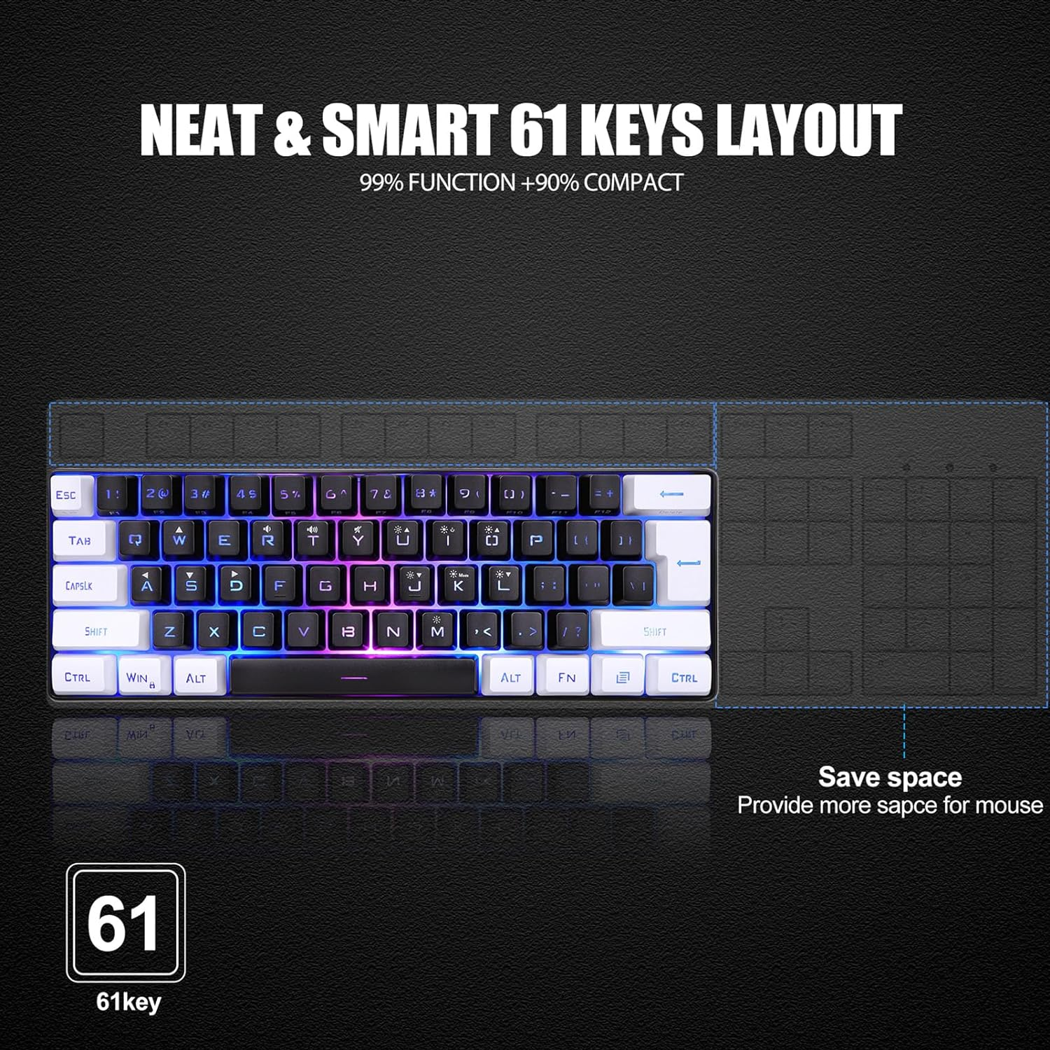 Keyboard Mini 60% Small Gaming Keyboard, RGB Backlit 61 Keys, Ergonomic Mechanical Feeling Wired Gaming Keyboard for Gaming and Working (Black) - White image number 4