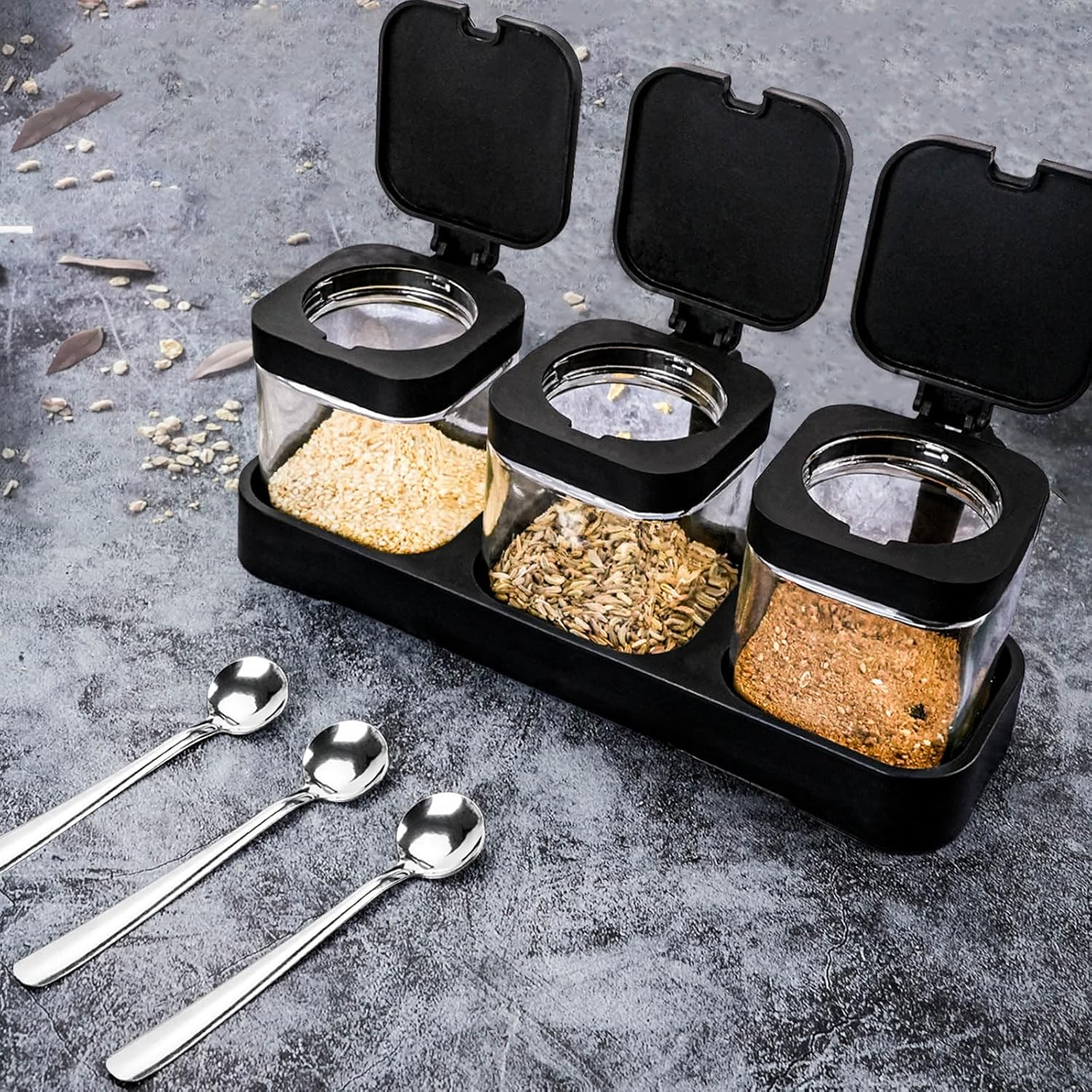 DIYJEP Pack of 3 Spice Shaker with Stainless Steel Spoon, Glass Square Spice Container with Lid and Base, Clear Sugar Bowl, Cereal Dispenser, Spice Jar for Flour, Kitchen, Seasoning, Salt, Sugar, Tea image number 6