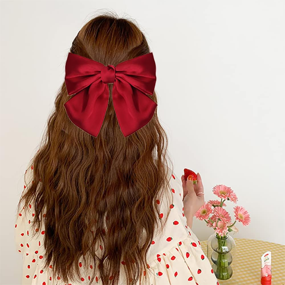 Bow Hair Clip,3 Pcs Hair Bows for Women,Hair Bows,Bows for Hair,Hair Styling Accessories,Big Bowknot Hairpin Soft Satin Silky Hair Bows for Women Girls (Black,Beige and Red) image number 6