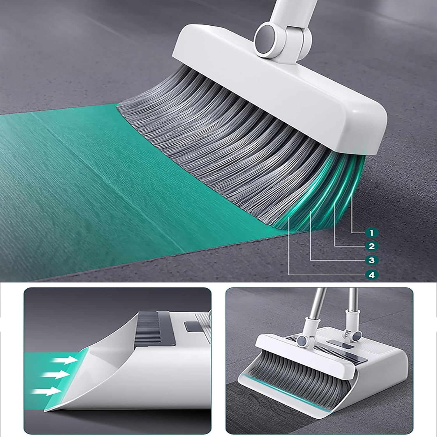 Broom and Dustpan Set for Home, Long Handle 180&deg; Rotating Broom and Dustpan Combo with Teeth, Foldable Upright Standing Dust Pan and Broom for Room, Kitchen, Office Floor Cleaning image number 1