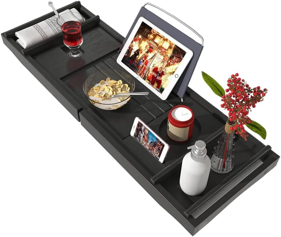 AIWFL Bath Caddy Tray, Adjustable Bathtub Tray with Book & Wine Holder, Black, Lacquered Bamboo Wood, Ideal for Relaxation
