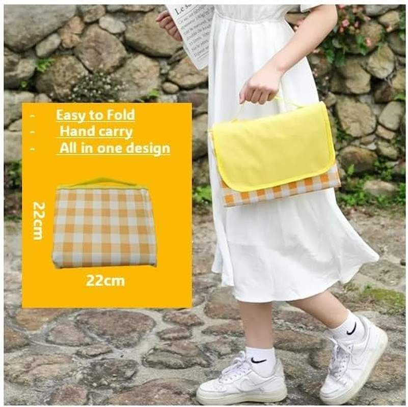 Picnic Blanket Waterproof Dirtproof Foldable in Large 150X200Cm. Cute Gingham Portable Compact Beach Blanket Outdoor Mat (Honey Yellow) image number 4