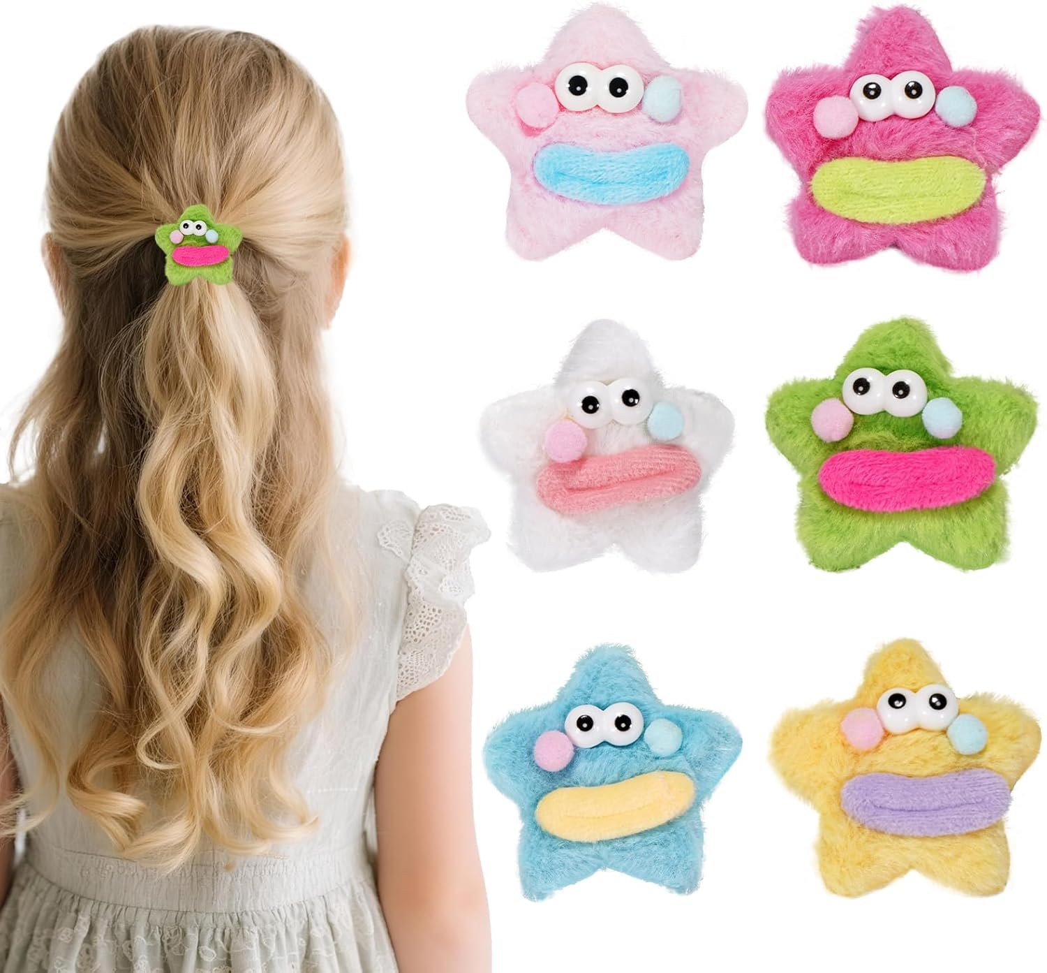 Star Hair Clips 6 Pack Sausage Mouth Star Smiley Face Design Plush Finish Star Pentagram Shapes Hair Clips Hair Accessories - Star Hair Clips image number 1