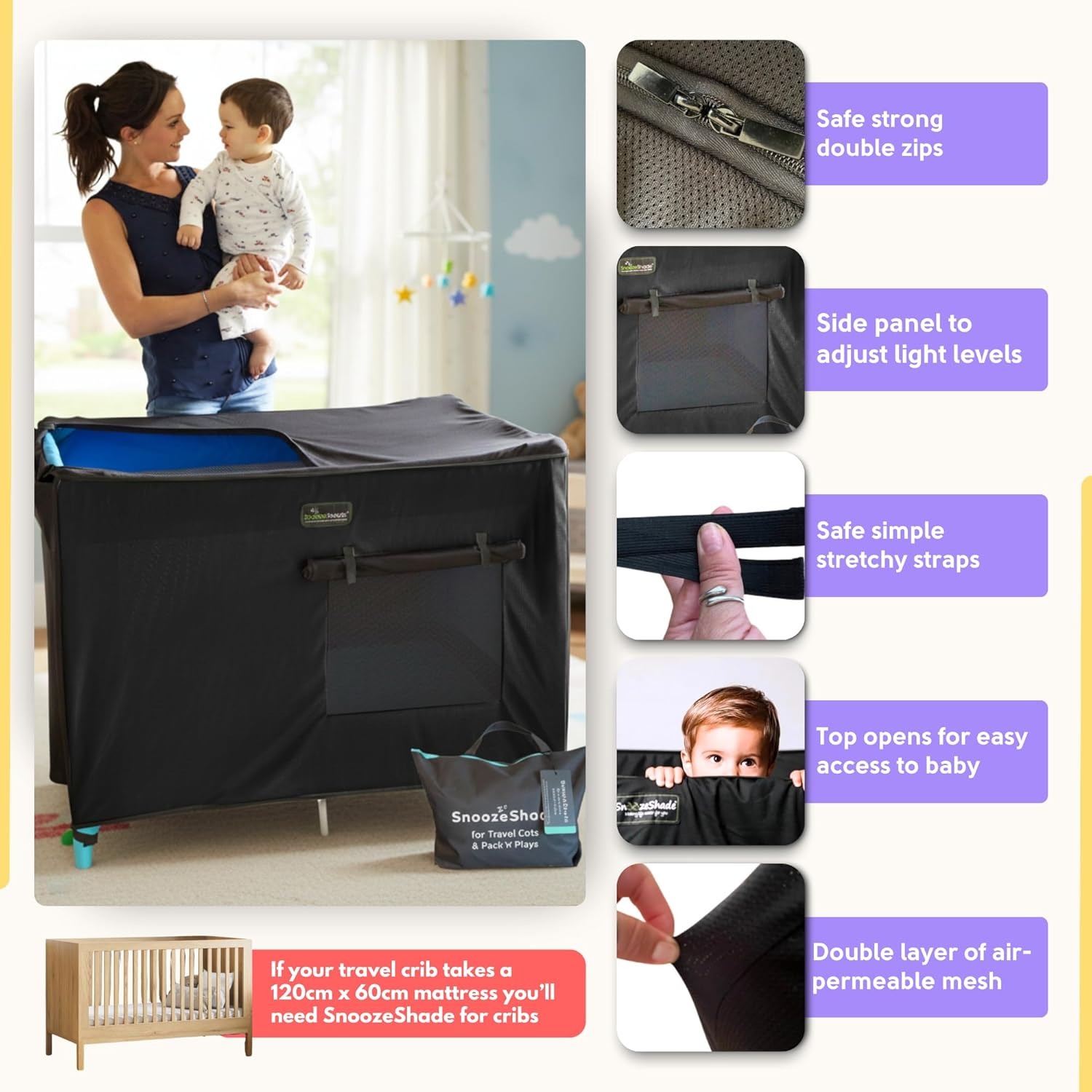 Snoozeshade Travel Cot Blackout Cover & Sleep Canopy, Breathable Mesh Sleep Shade for Travel Cots, Blocks 94% of Light, Protects against Insects & Light Wind, INPAA Approved image number 6
