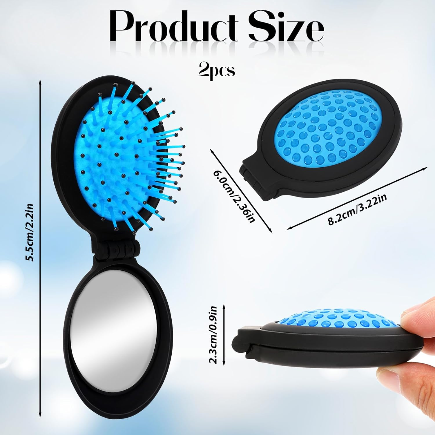 Pack of 2 Mini Foldable Hair Brushes with Mirror Travel Hair Brush Folding Brush Mini round Foldable Hair Massage Comb for Women Girls (Blue, Purple) image number 3