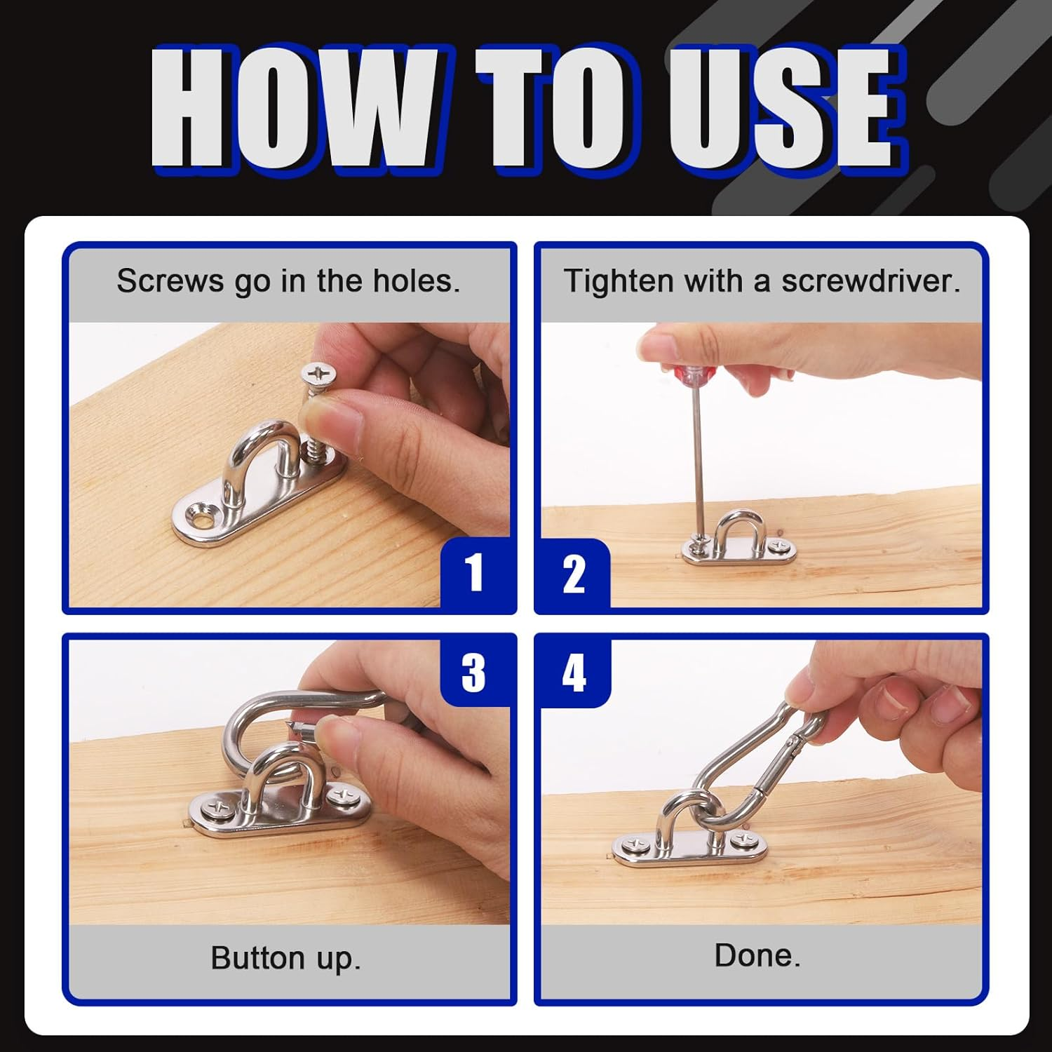 Glarks 4 Pack M5 Stainless Steel Pad Eye Plate Hook and Snap Hook Kit, Heavy Duty Eye Plate U Hooks Ring Hook Loop and Spring Snap Clips with Screws for Ceiling and Mounting Hanging Hardware image number 6