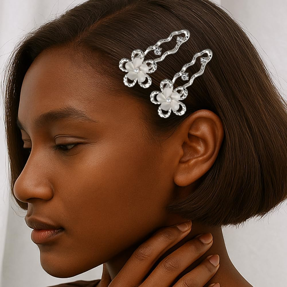 HOBBIESAY Pack of 4 Flower Click Hair Pins, Alloy Rhine, Stone Blumenclip, Gold and Silver, Cute Hair Clips, Beautiful Hair Accessories for Women, Party, Festival, Decoration, 2 Colours, 1.1 X 2.3 image number 3