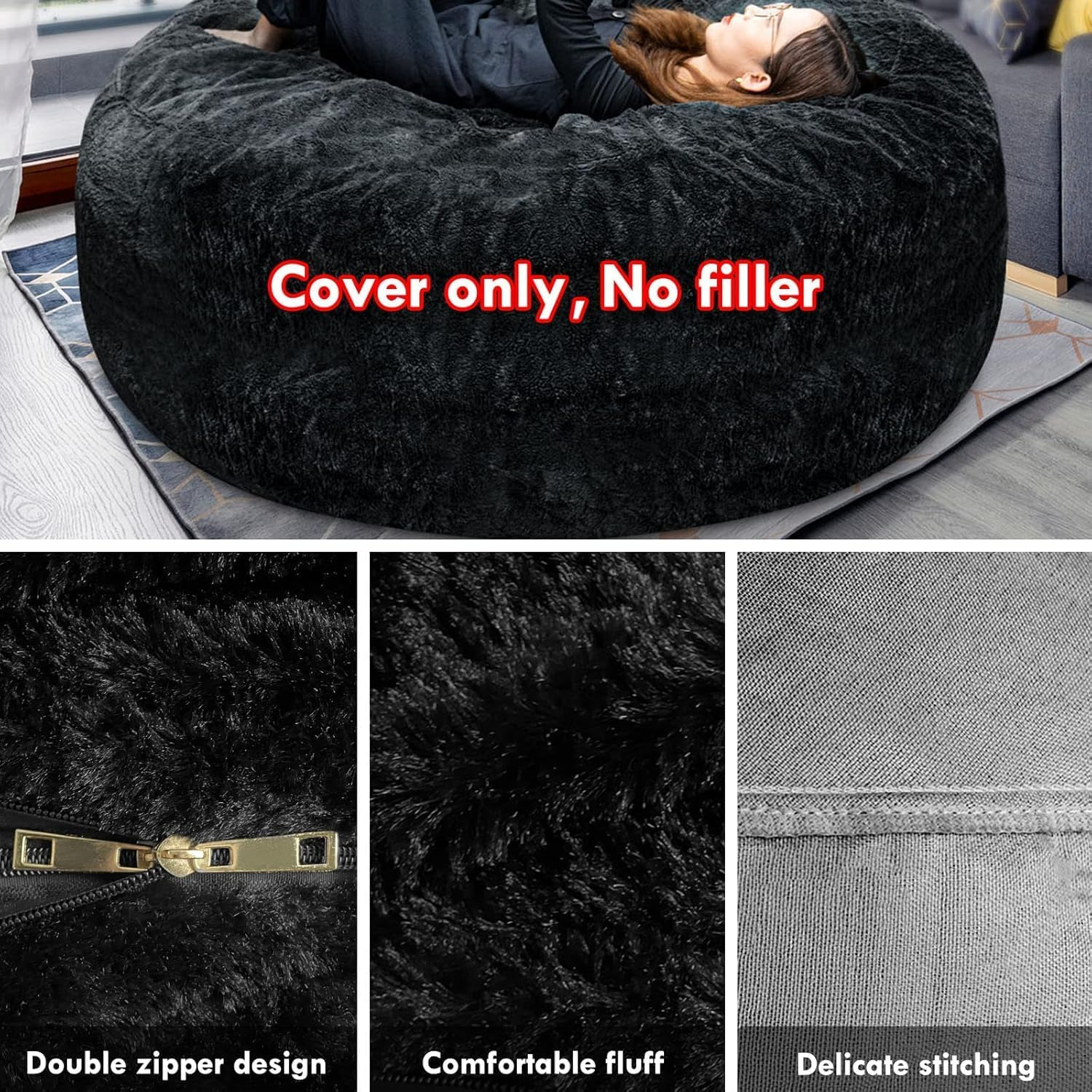 Bean Bag Chair Cover without Filler, Big round Soft Fluffy PV Velvet Washable Bean Bag Lazy Sofa Bed Cover for Adults,Living Room Bedroom Furniture Outside,180X65Cm, Black - Black image number 4