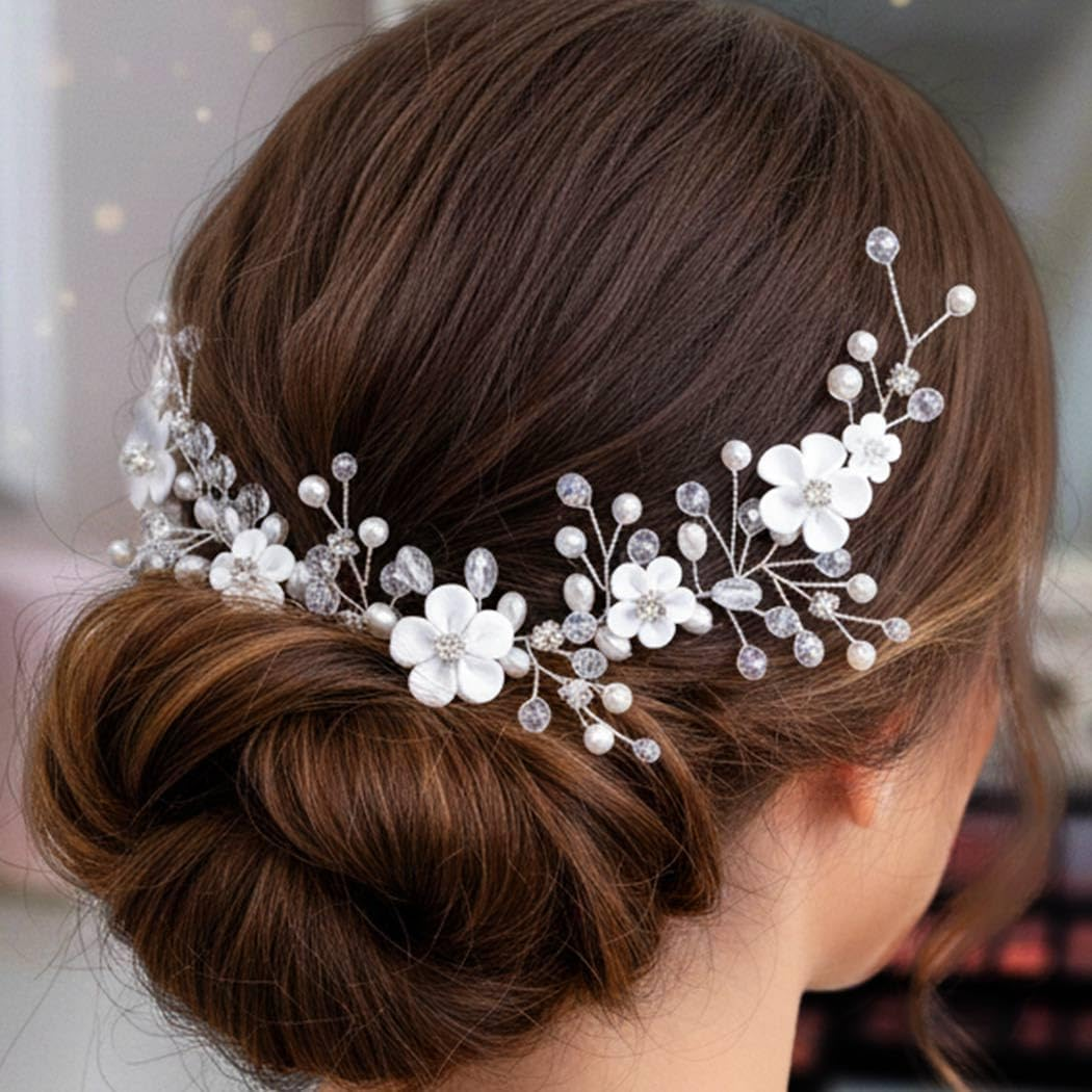 Heread Flower Bride Wedding Hair Vine Pearl Bridal Headband Rhinestones Hair Breath Accessories for Women and Girls (A Silver) image number 5