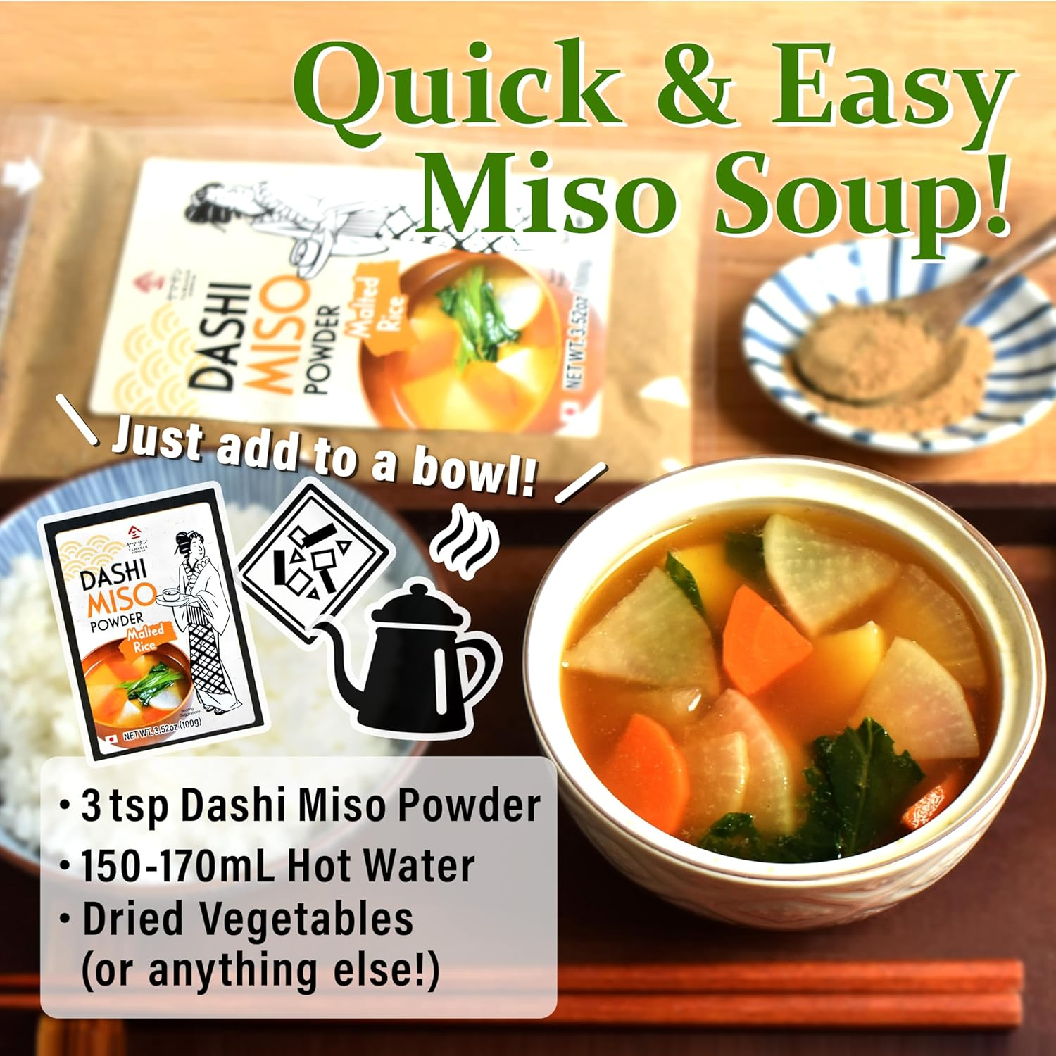 YAMASAN KYOTO UJI Japanese Dashi Miso Powder, Freeze-Dried Miso with Umami Dashi Powder, Easy to Make Delicious Miso Soup and Various Dishes, No-Msg and Food Additives, Made in Japan 100G(3.52Oz) image number 6