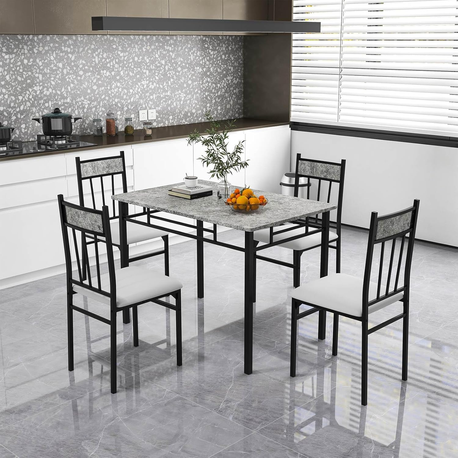 Costway 5-Piece Dining Table Set for 4, Space-Saving Kitchen Table Set with Faux Marble Design & Metal Frame, Dinner Table & Padded Chair Set for Dining Room image number 4