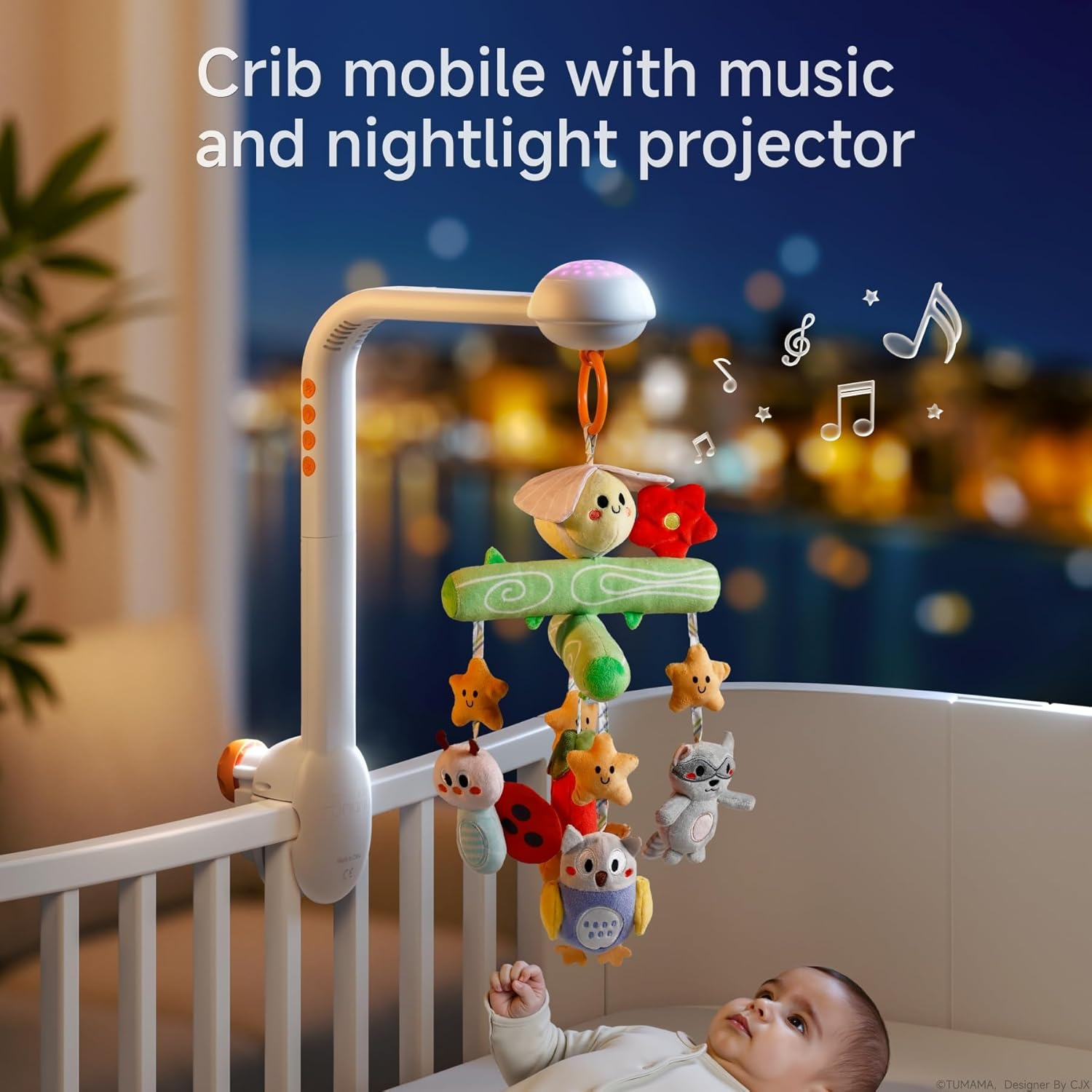 TUMAMA Baby Crib Mobile, Music and White Noise, Mute Spin Motor Nursery Toys with Projection Night Light, Soft Plush Mirror Hanging Toys for 0 Month+ Baby image number 5