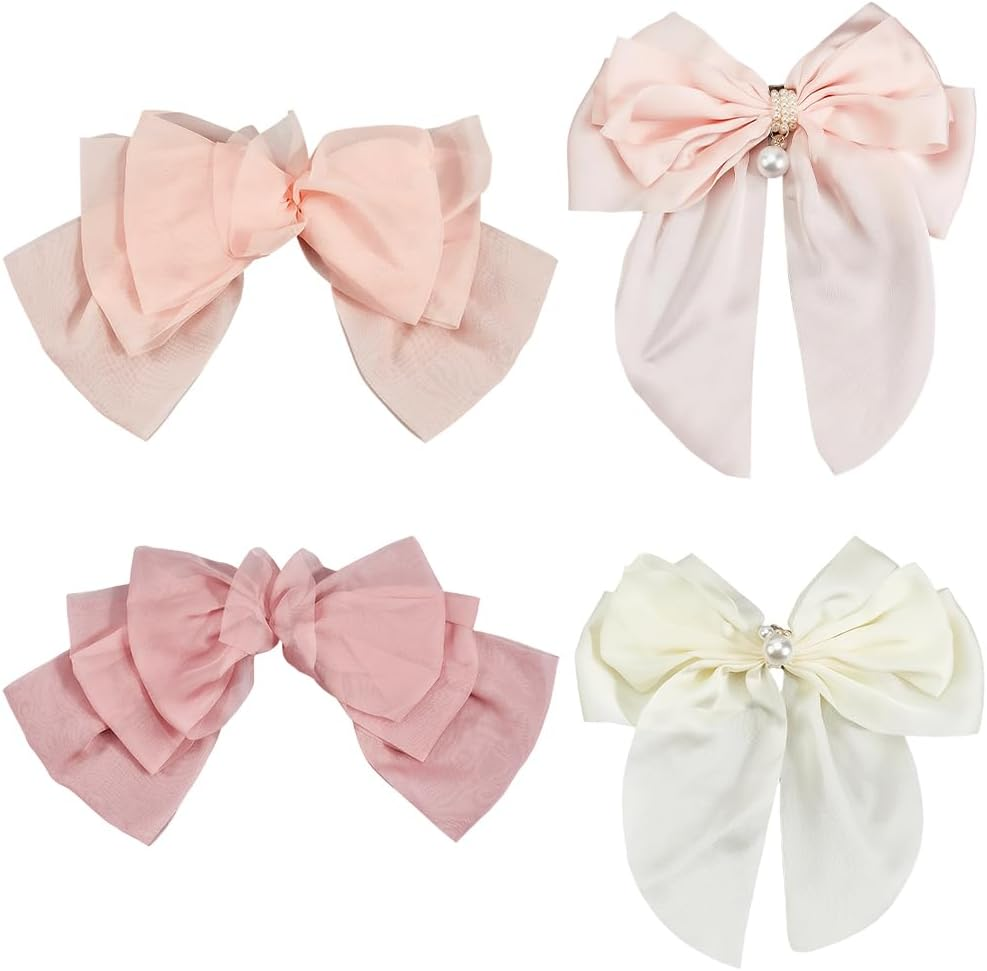 SOFPLATE Pack of 4 Large Hair Clips with Satin Bow, Coquette Hair Bow, Oversized Satin Hair Clip, Pink White Silky Ribbon, Hair Accessories, Large Bows Hair Clips for Women, Bridal, Wedding, Party image number 6