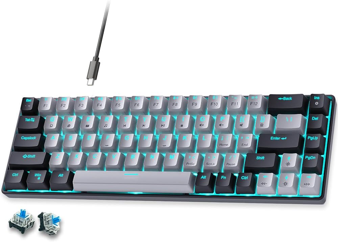 Abucow 60% Mechanical Gaming Keyboard, Black Switch Wired Compact Keyboard with Blue Backlight, Swappable White Keycaps, for Windows/Mac