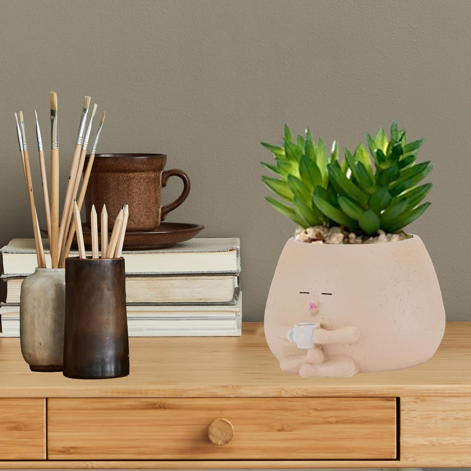 2Pcs Smiley Face Planter Pot, FHDUSRYO Cute Resin Flower Head Planters for Indoor Outdoor, Unique Sit Succulent Pots with Drainage Hole for Mothers Day, Teacher, Plant Lovers (Coffee, 14X8.5Cm) image number 1