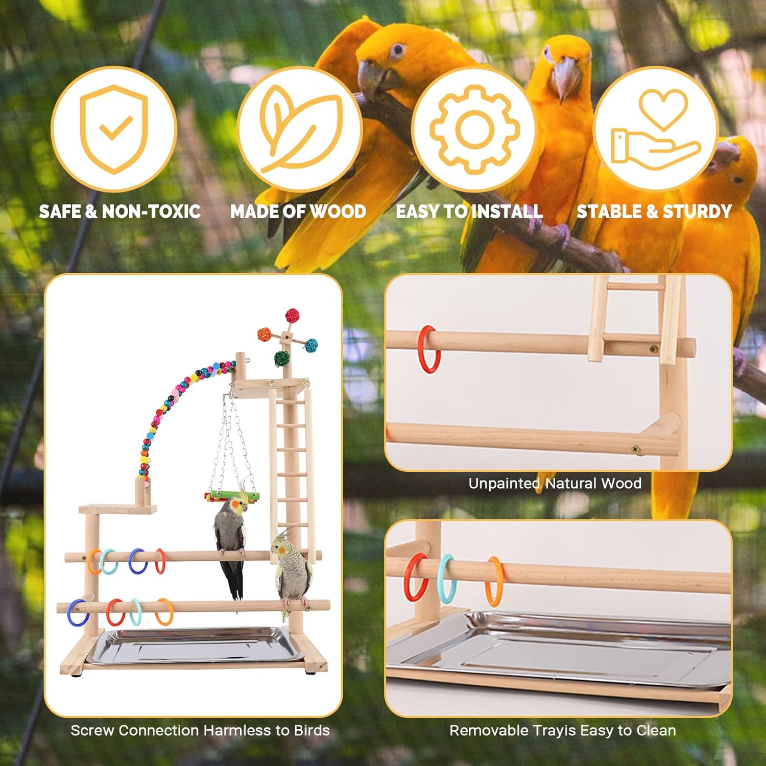 Beaufairy Bird Playground Parrot Play Stand, Parrot Playstand Wood Play Gym, with Swing Climb Natural Wood Playpen Ladder and Tray, for Parakeets, Cockatiels, Bird Cage Accessories, 46*31*70CM, F557