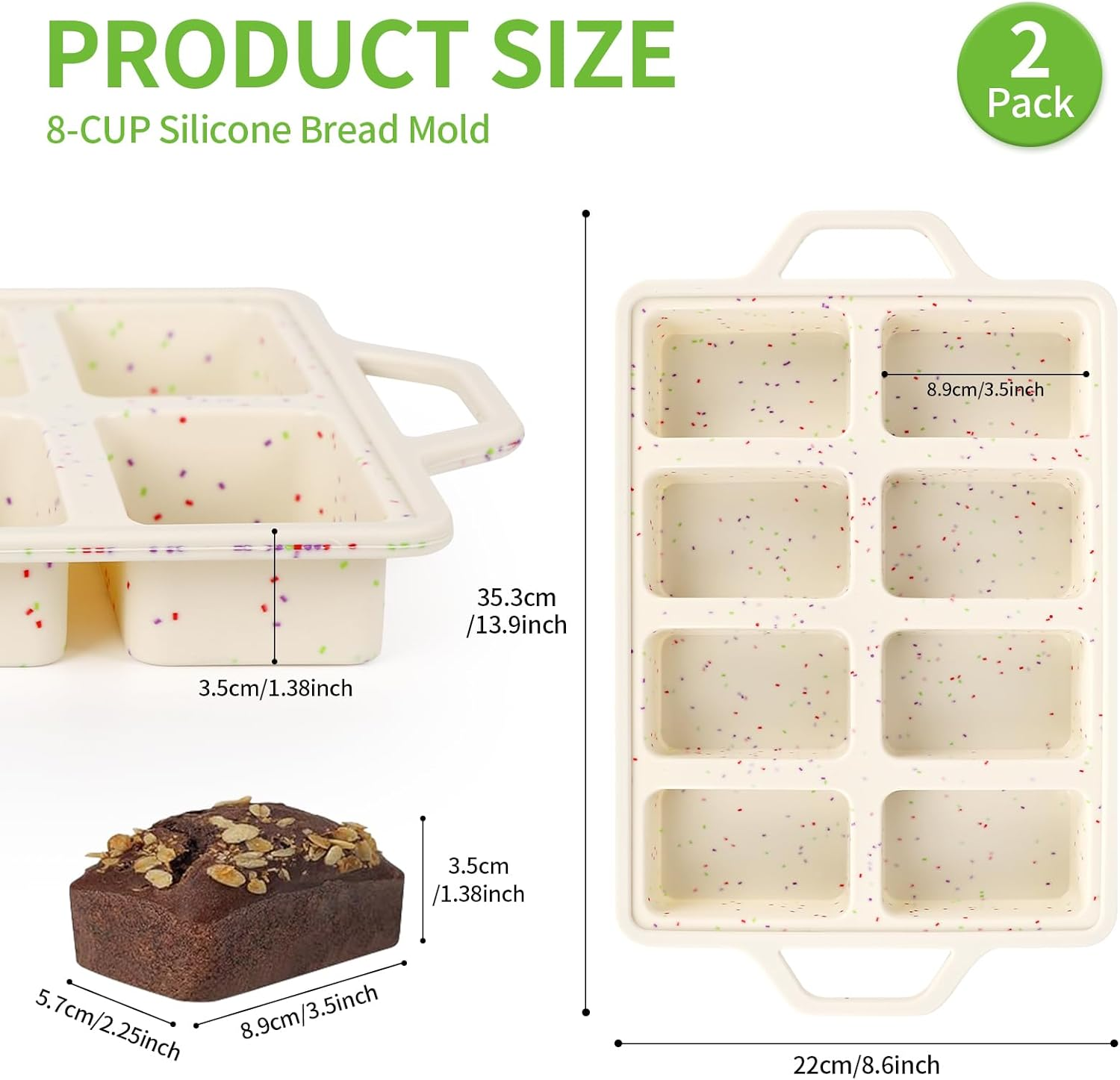 Silicone Mini Loaf Pans with Metal Reinforced Frame-2 Pack, Non-Stick Silicone Bread Pan for Baking 8-Cavity, Tiny Banana Bread Set, Dishwasher Safe Brownie Pan-Cream image number 2