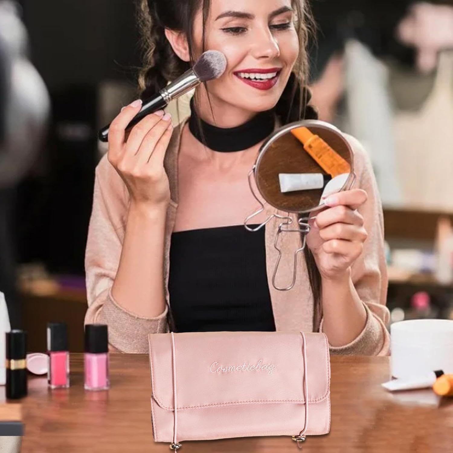 Makeup Brush Holder, Travel Makeup Brush Organizer | Cosmetic Brush Case on Wheels - Roll Makeup Brush Bag Pouch Holder Brush Case, Pink, Se R&eacute;f&eacute;rer Au Descriptif, Refer to Description - Pink image number 6