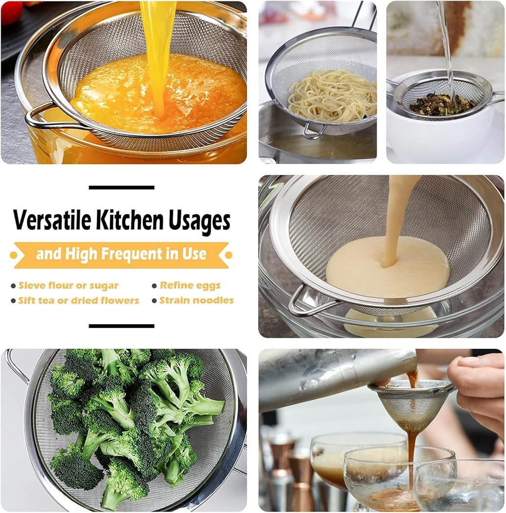 Idopick Fine Mesh Strainers Set of 3,Stainless Steel Strainers Wire Sieve Sifter with Insulated Handle Strainers for Kitchen Gadgets Tools Baking Tools Colander, Food Preparation, Flour Sifter, Rice image number 1