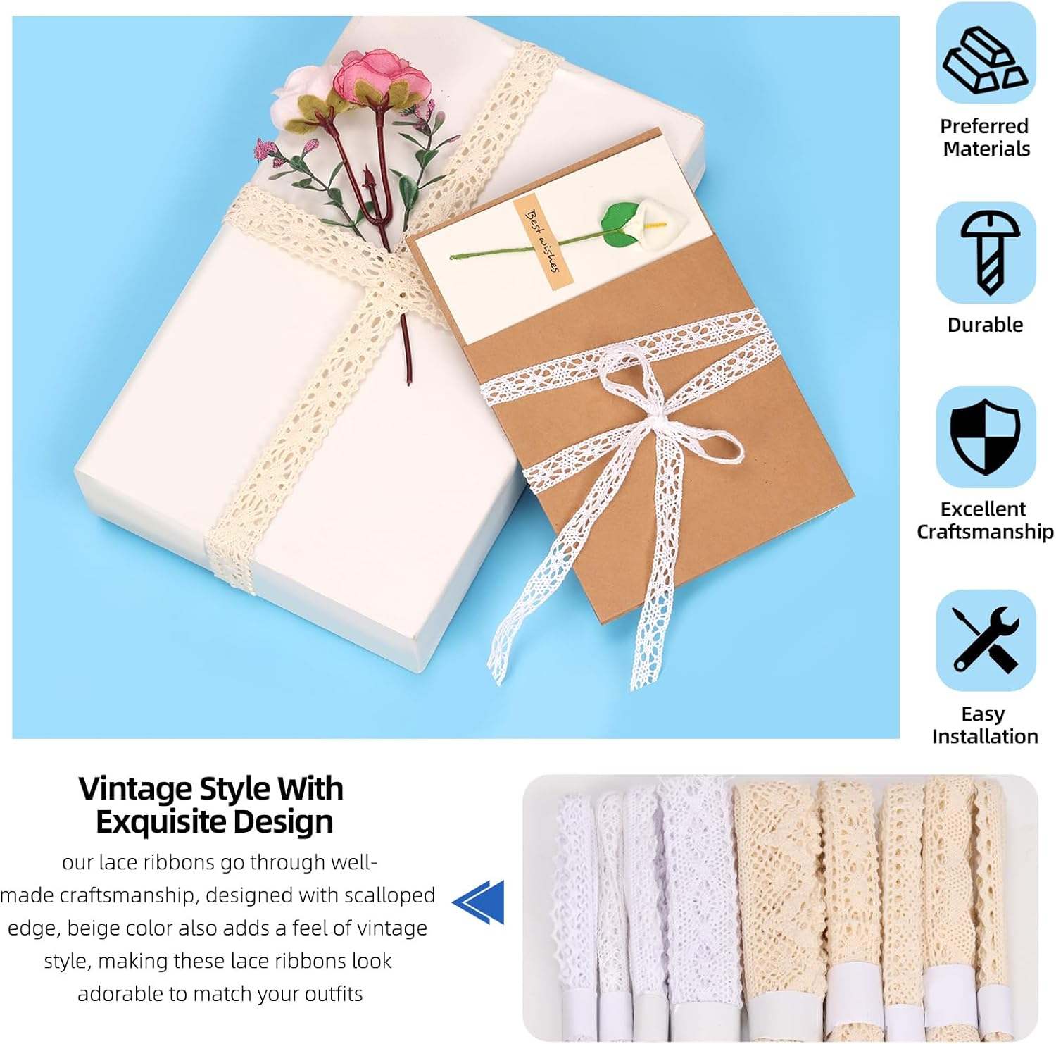 Glarks 9 Rolls 41M Cotton Lace Trim, 9 Styles Beige and White, Vintage Ribbon Cotton Lace Trim, Cotton Crochet Lace Ribbon, Craft Lace Crochet Sewing for Gift Package Wrapping, Wedding Decoration image number 5