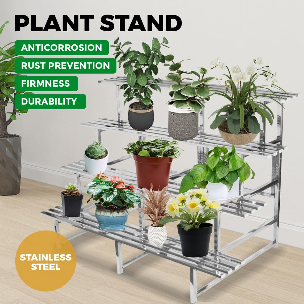 4 Tiers Metal Plant Stand, Garden Stainless Steel Pots Plant Stand Rack Indoor Outdoor Flower Pots Display Shelf Pot Holder Organizer Storage for Garden Patio Yard (Steel 4-TIERS) - Steel 4-Tiers image number 2