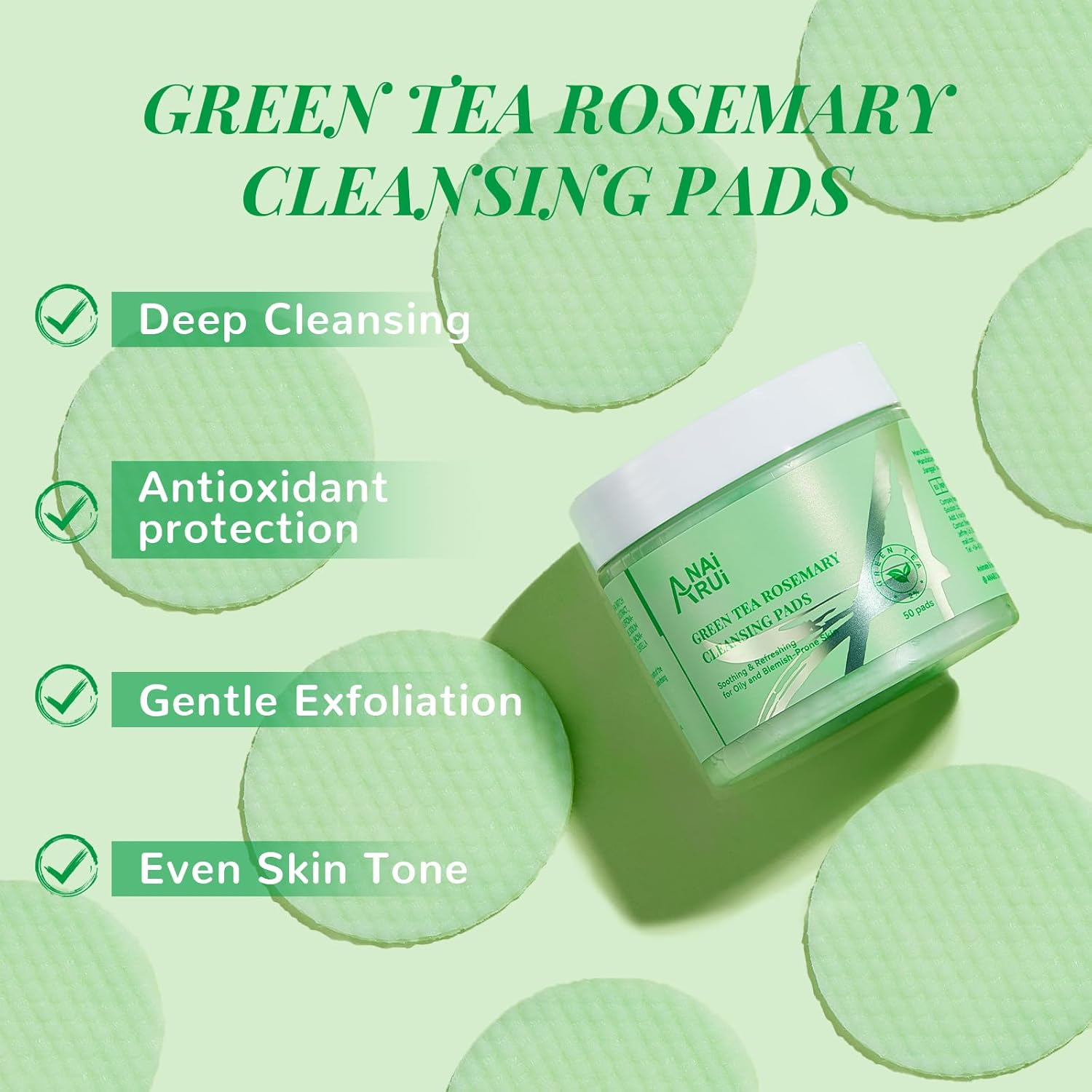 ANAI RUI Green Tea Rosemary Cleansing Pads with Bubbles, Make-Up Remover Pads, Face Scrub Pad with Tea Tree Oil Centella, Exfoliating Deep Cleansing Pad for Face and Body, 50 PCS