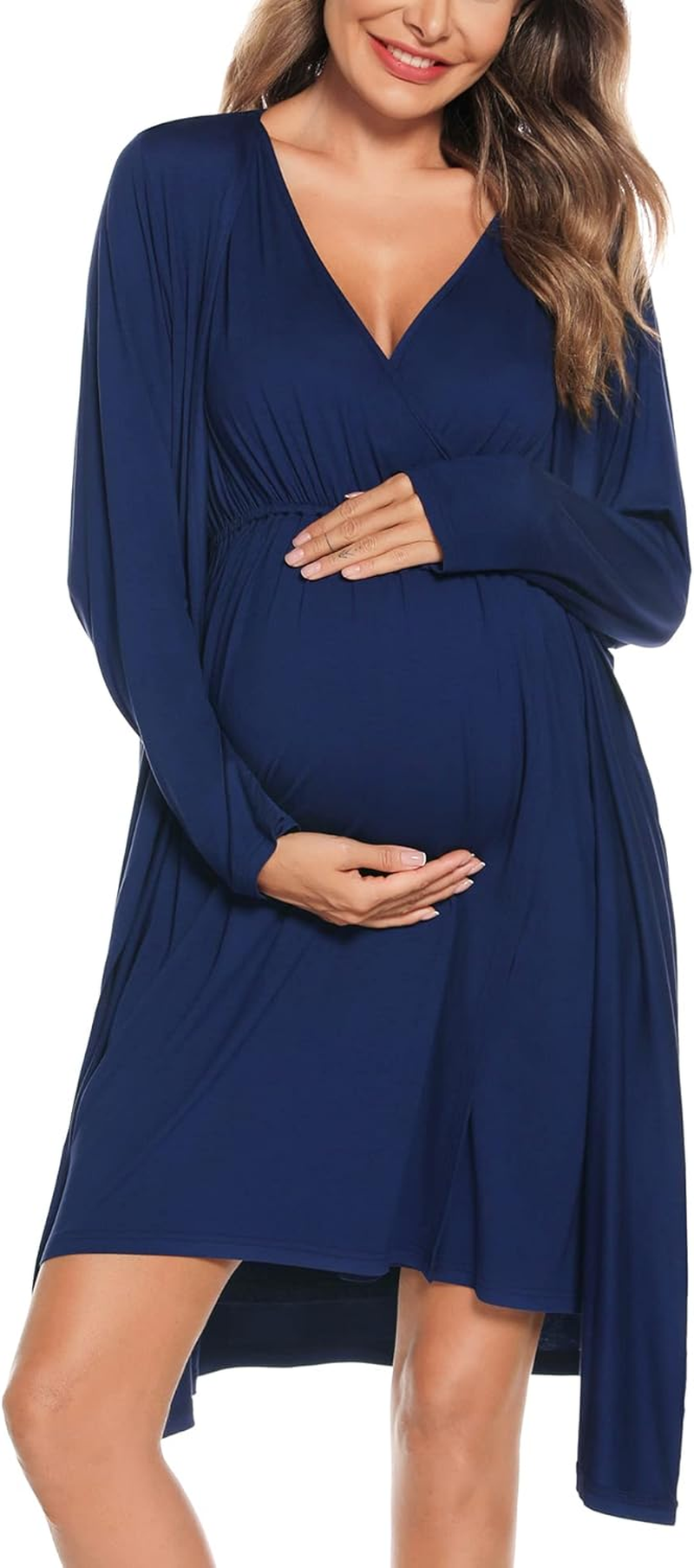 SWOMOG Women Maternity Nursing Gown and Robe Set 3 in 1 Labor Delivery Nursing Nightgown for Breastfeeding Hospital Bathrobe