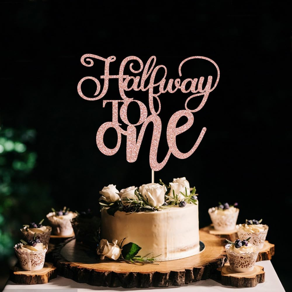 Half Way to One Cake Topper,Glitter 6 Months Birthday Decorations,Its My 1/2 Birthday Cake Topper,Baby Boy or Girl 6 Months Birthday Party Decoration Supplies (Rose Gold) - Gold image number 4