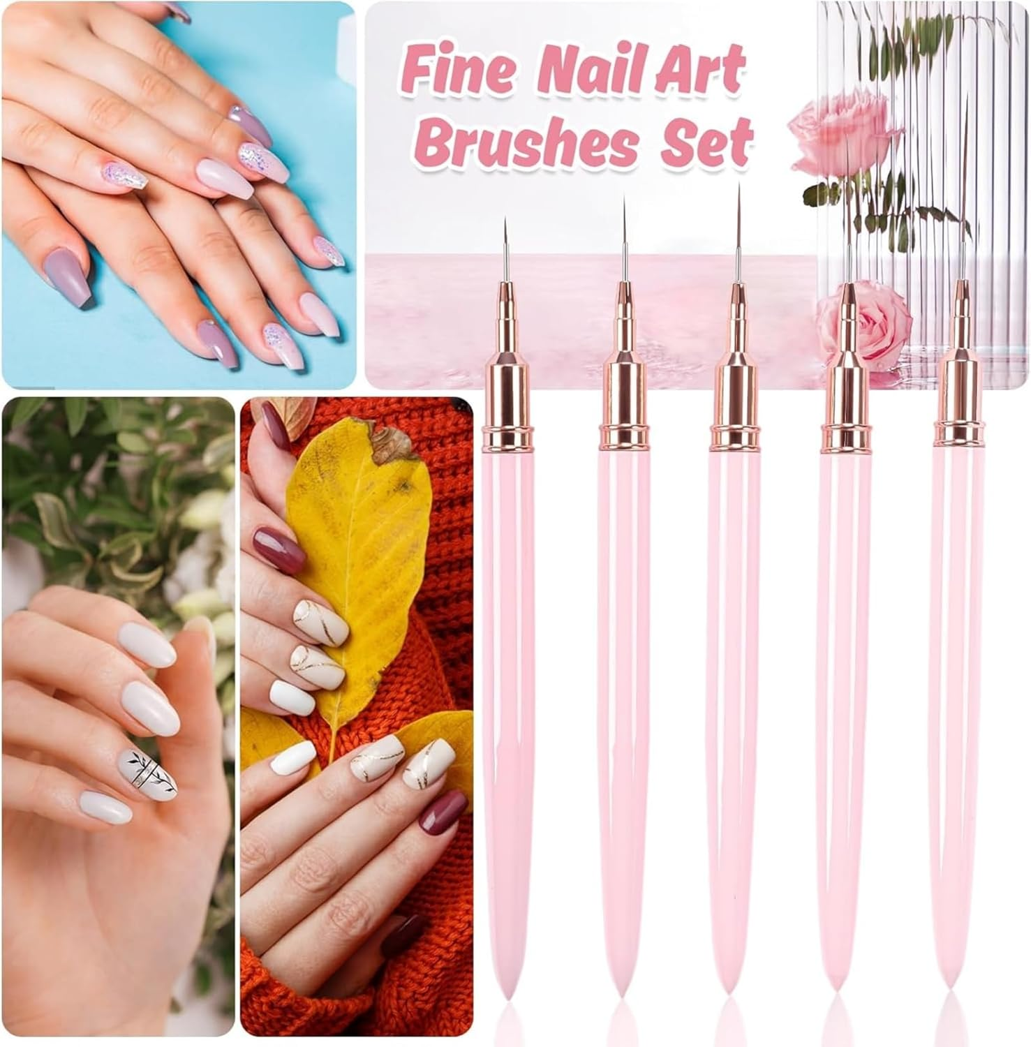 5 Pcs Nail Art Liner Brushes, Nail Art Brush for Long Lines, Liner Brush UV Gel Polish Painting Nail Design Brush Metal Handle Nail Drawing Pens, Sizes 5/8/12/20/25Mm image number 5