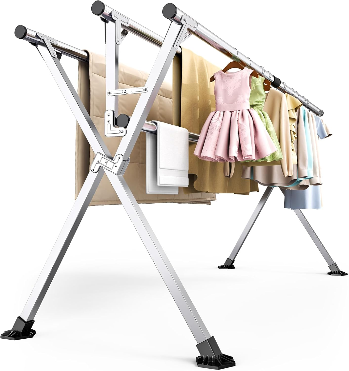 Hormes Clothes Drying Rack, Luxury 2.4M Adjustable Clothes Airer Laundry Drying Rack with 4 Rods, Foldable Stainless Steel Clothes Dryer Stand Horse, 80KG Load, 20 Hooks & 12 Clips for Outdoor Indoor image number 5