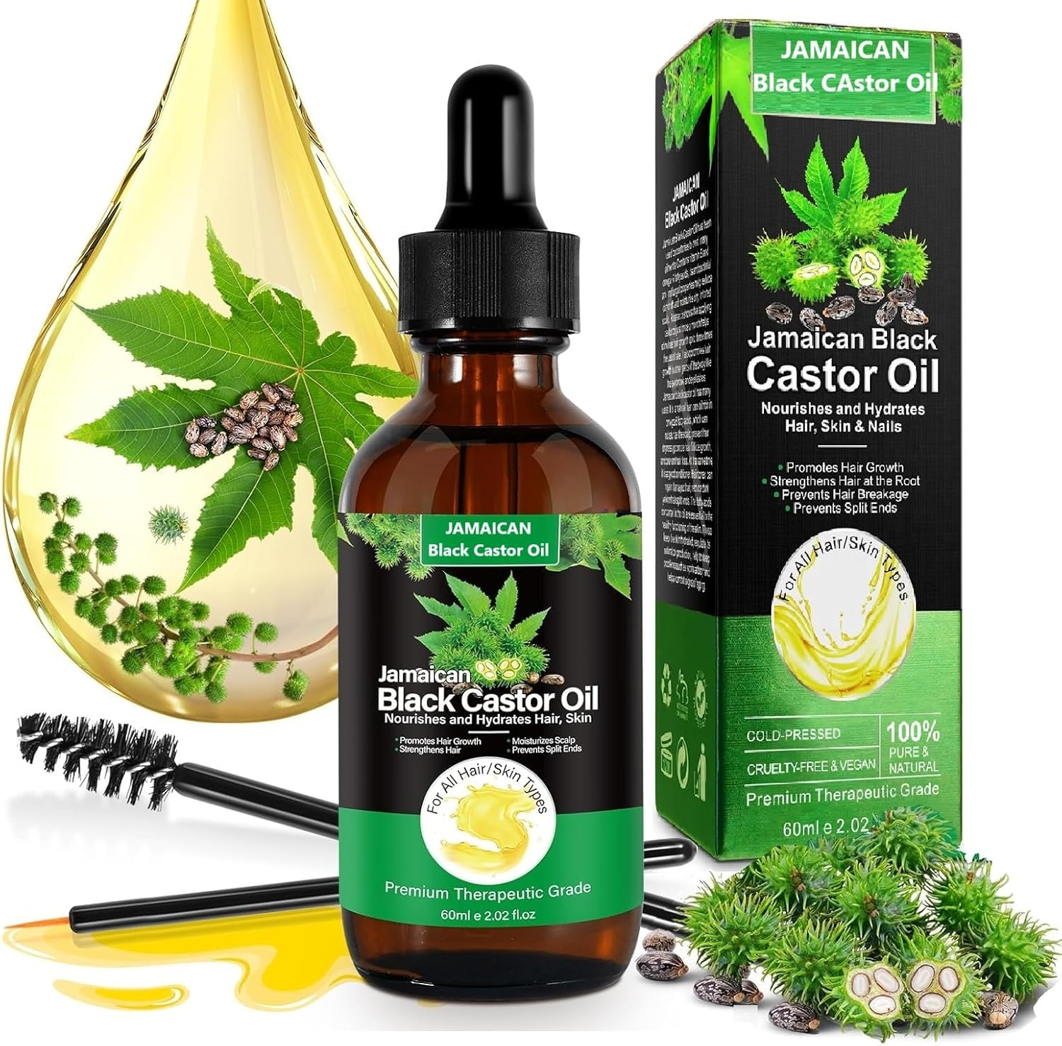 Jamaican Black Castor Oil, 100% Pure & Organic, Cold Pressed in Glass Bottles for Hair, Eyelashes, Eyebrow, Skin Growth, Hydration, Nourishment, Regeneration, Massage Essential Oil, 2 Fl Oz, image number 3