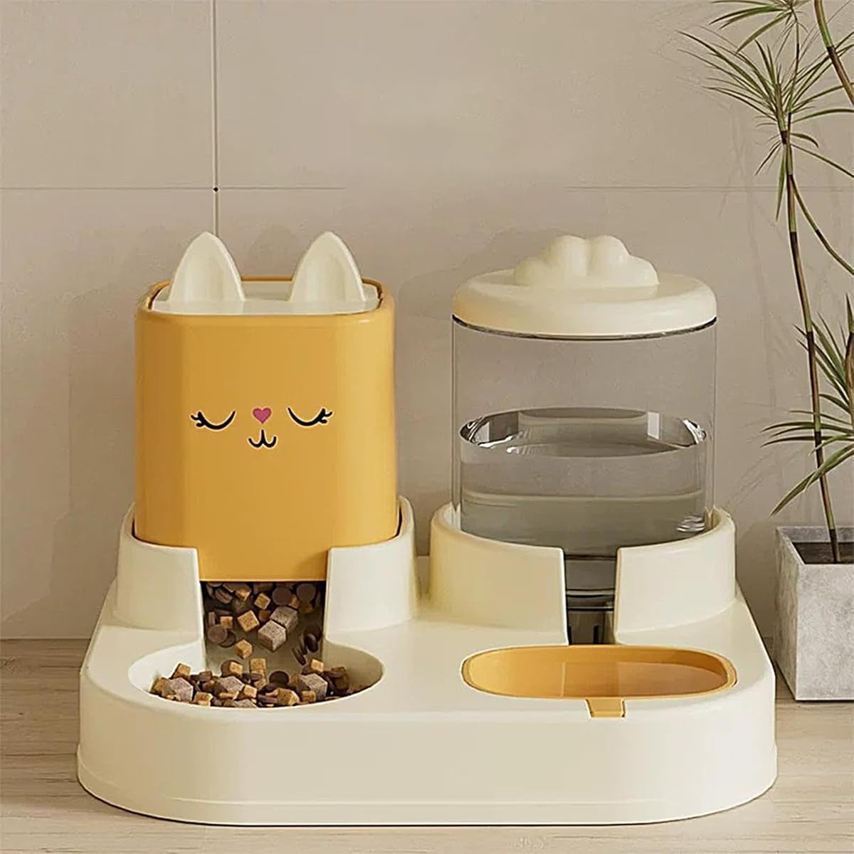 AIMALL Dual-Use Pet Feeder - Large Capacity Water Dispenser & Food Bowl, Cartoon Design, for Cats & Dogs, Available in Blue & Yellow - 12.6 X 11.22 X 9.06 Inches