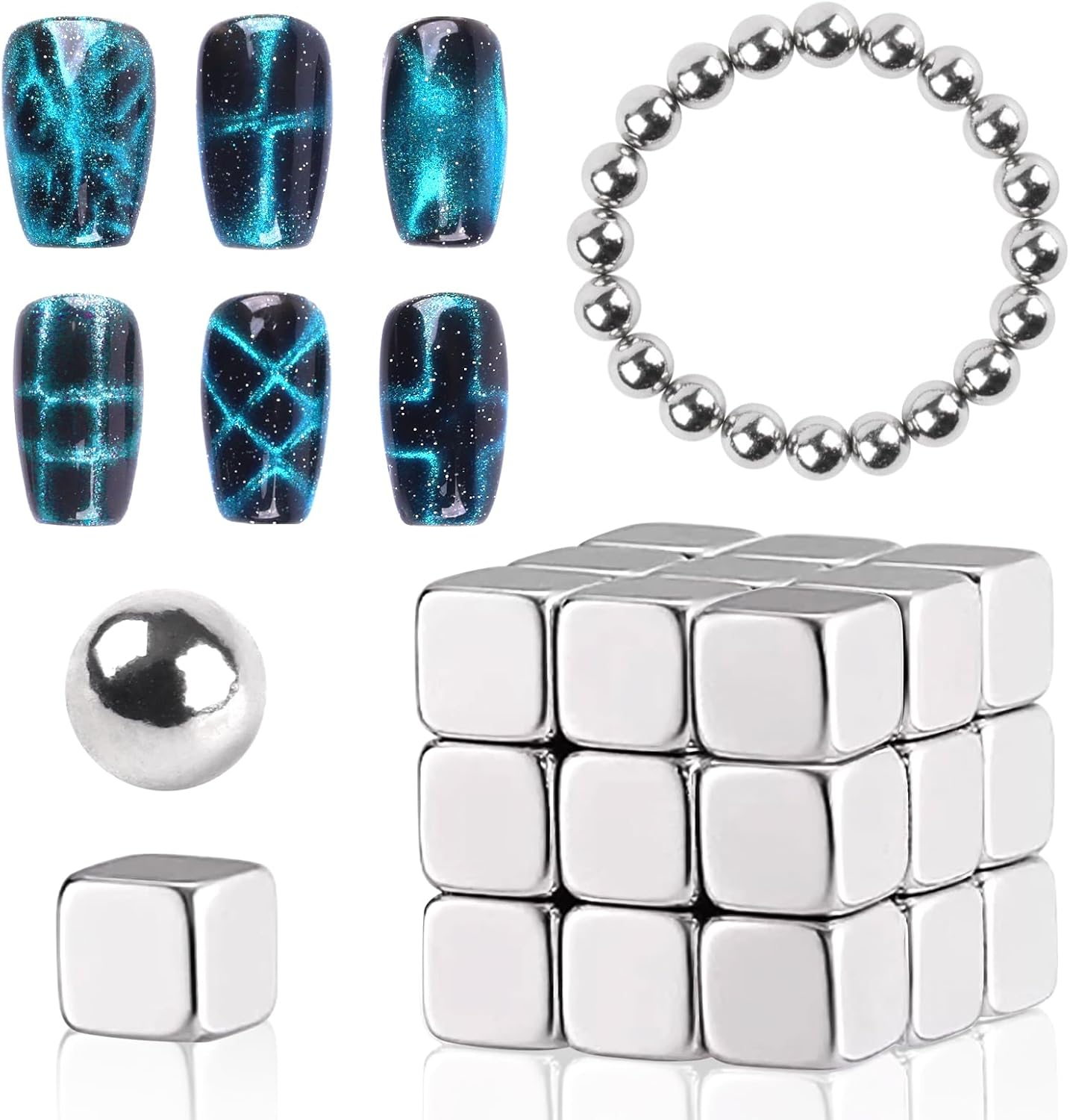 Heemeei 47 Pieces Cat Eye Magnets for Nails, Square and Beaded Nail Magnets for Nail Art, Cat Eye Magnet for Nails, Set of Strong Nail Magnets, Magnet Tool image number 5