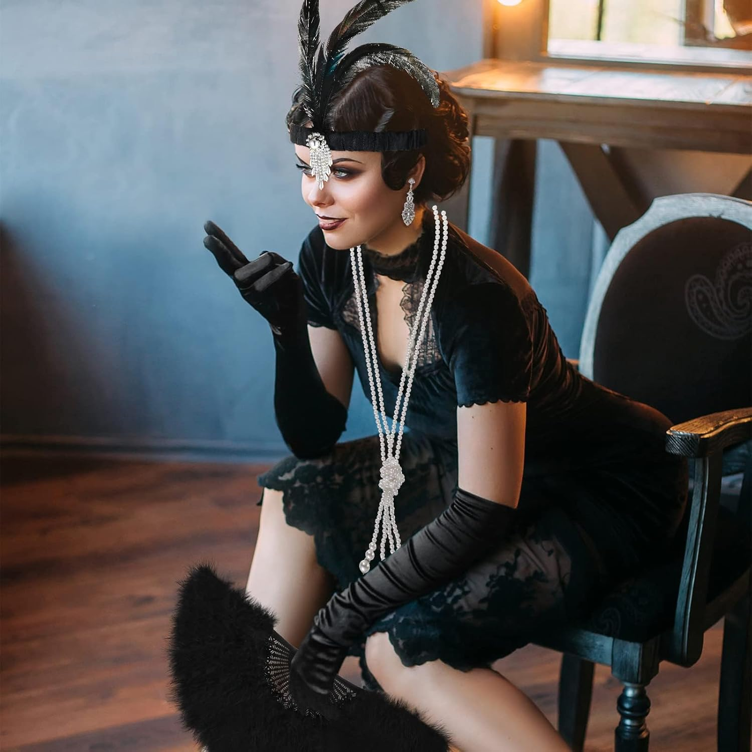 WOTOW 20S Accessories for Women - Roaring 20S Costumes Great Gatsby Accessories with Feather Headband Pearl Necklace Elegant Gloves Vintage Earrings Black Feather Fan for Party, 6PCS image number 6