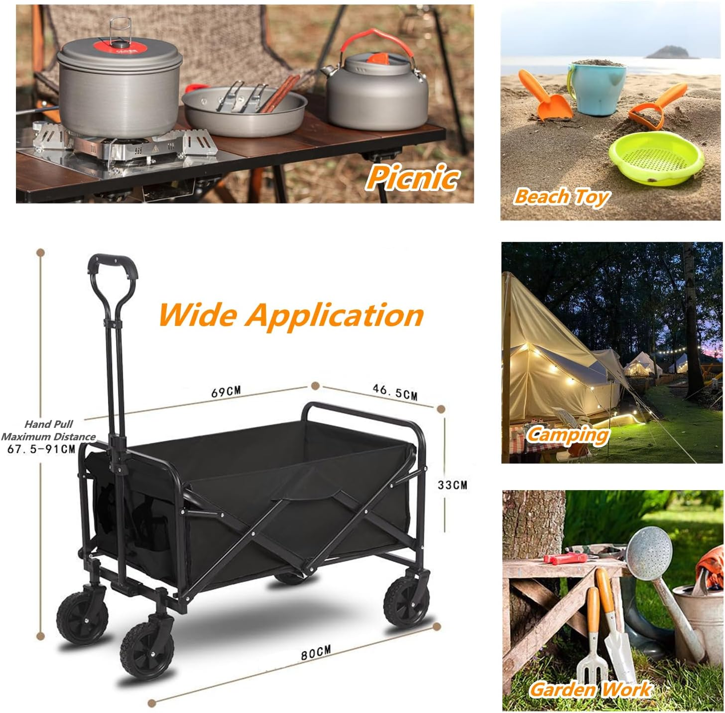 Foldable Camping Wagon Cart,Hx Dream Folding Wagon Cart,Picnic Trailer with Push Handle,Suitable for Camping, Dining, Garden and Outdoor Sports image number 2