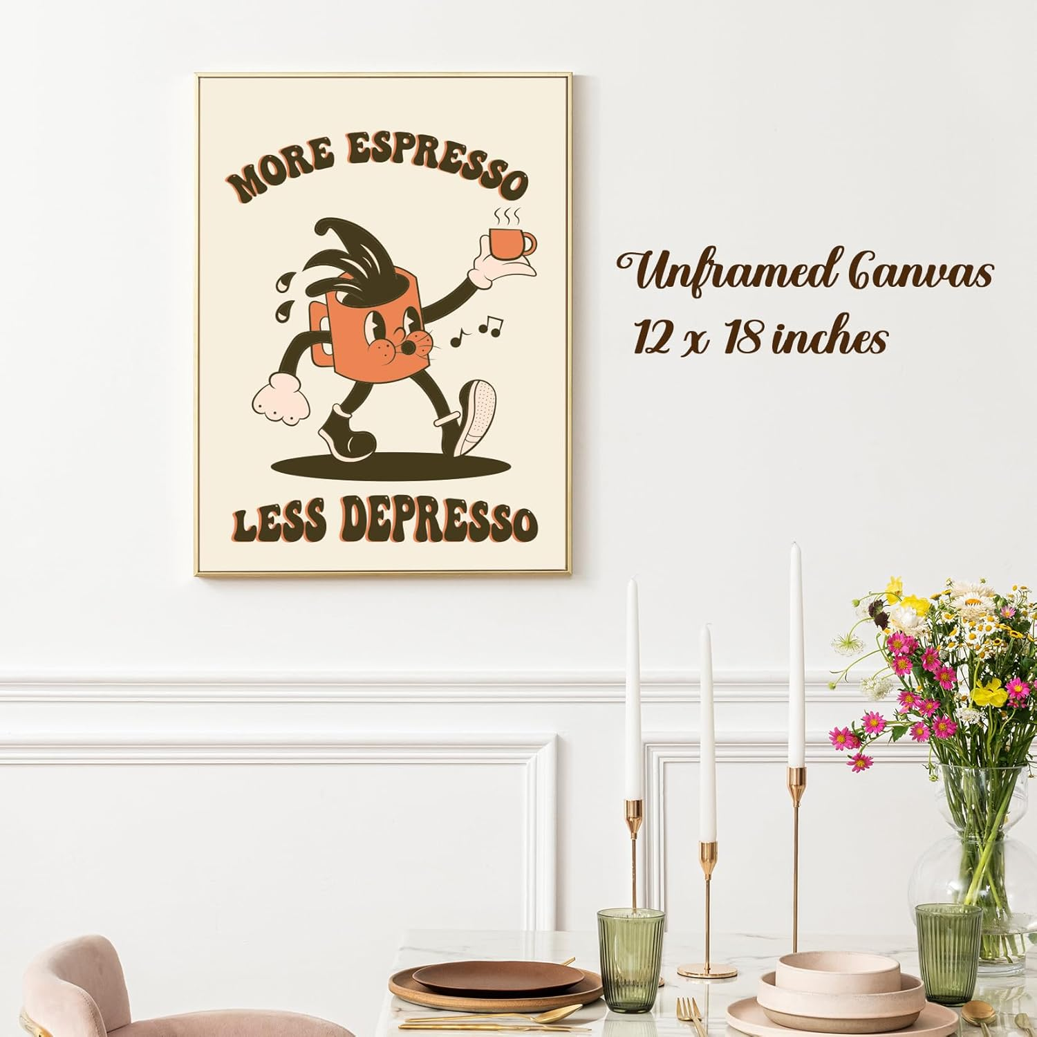Wonkali Fun Retro Groovy Apartment Decor Aesthetic | Espresso, Less Depresso Coffee Canvas Poster | Funky Coffee Bar Cart Decor | 1218", "UNFRAMED image number 1
