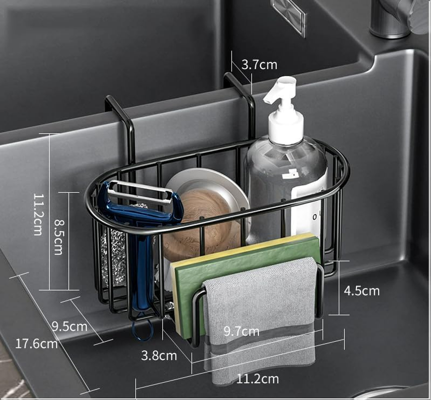 Sponge Holder for Kitchen Sink, Rust-Proof Stainless Steel Sink Holder, Suitable for Holding Sponges, Brushes, Sink Plugs, Cleaning Tools - Black