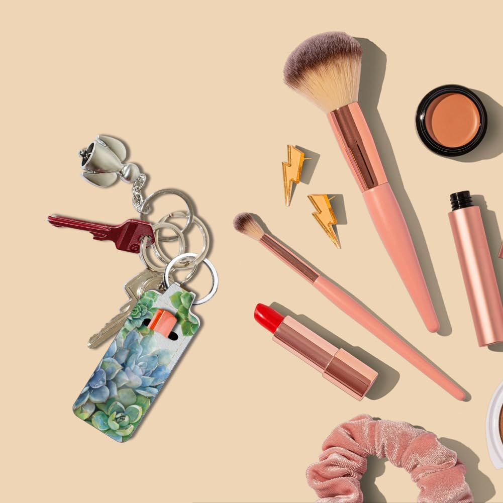 FREEBLOSS 2 Pack Lip Balm Holder Keychain Succulent Plants Pattern Chapstick Holders Lip Gloss Holder Keychain Lipstick Sleeve Keychain Chapstick Sleeve Holder for Women Friends Gift, Dark Blue image number 2