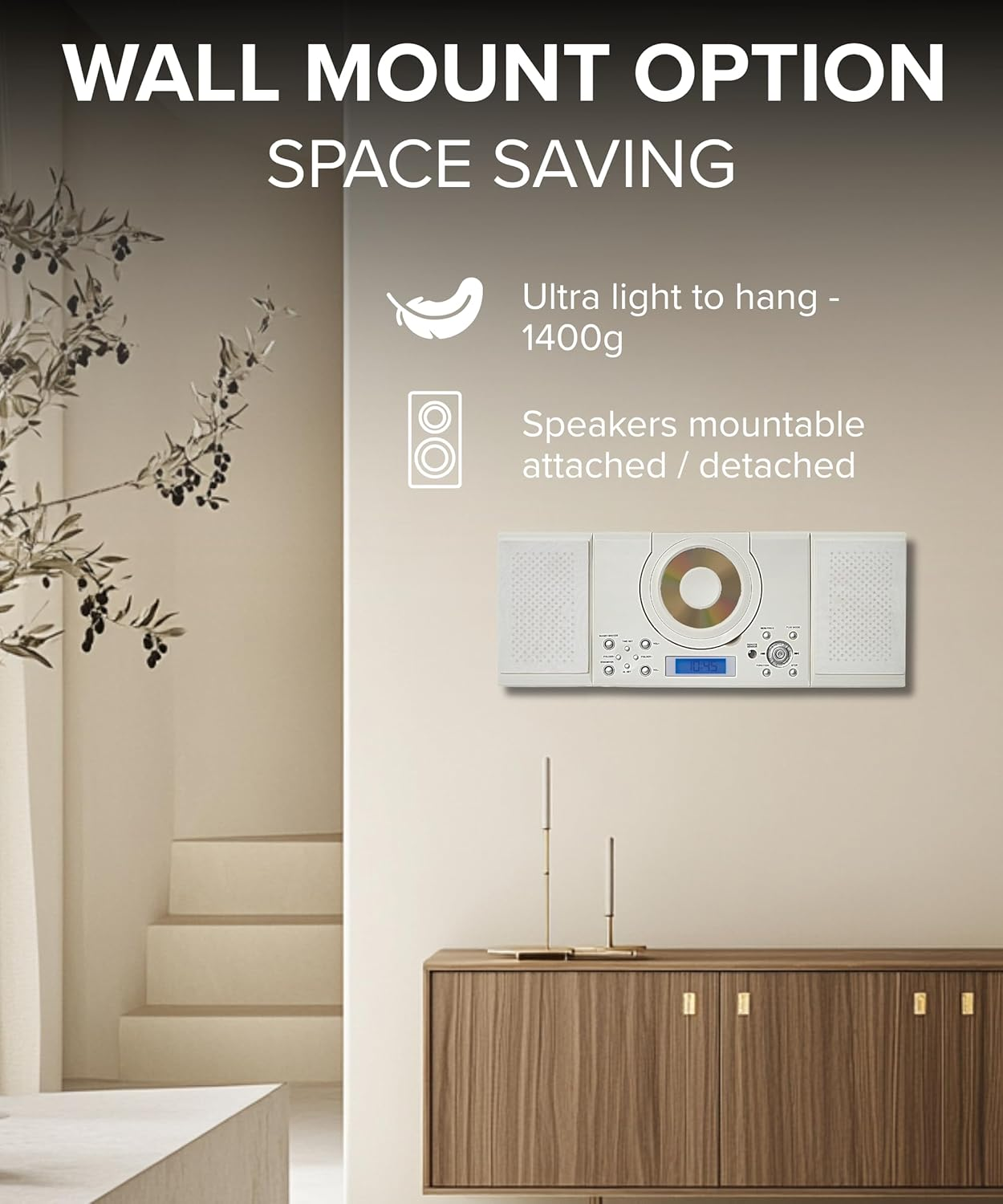 Grouptronics GTMC-101 MK2 CD Player Stereo Micro Compact Hifi with USB & MP3, AUX in for Phone/Tablet, FM Radio, Clock Alarm, Desktop Stand or Wall Mountable Remote Control White image number 2