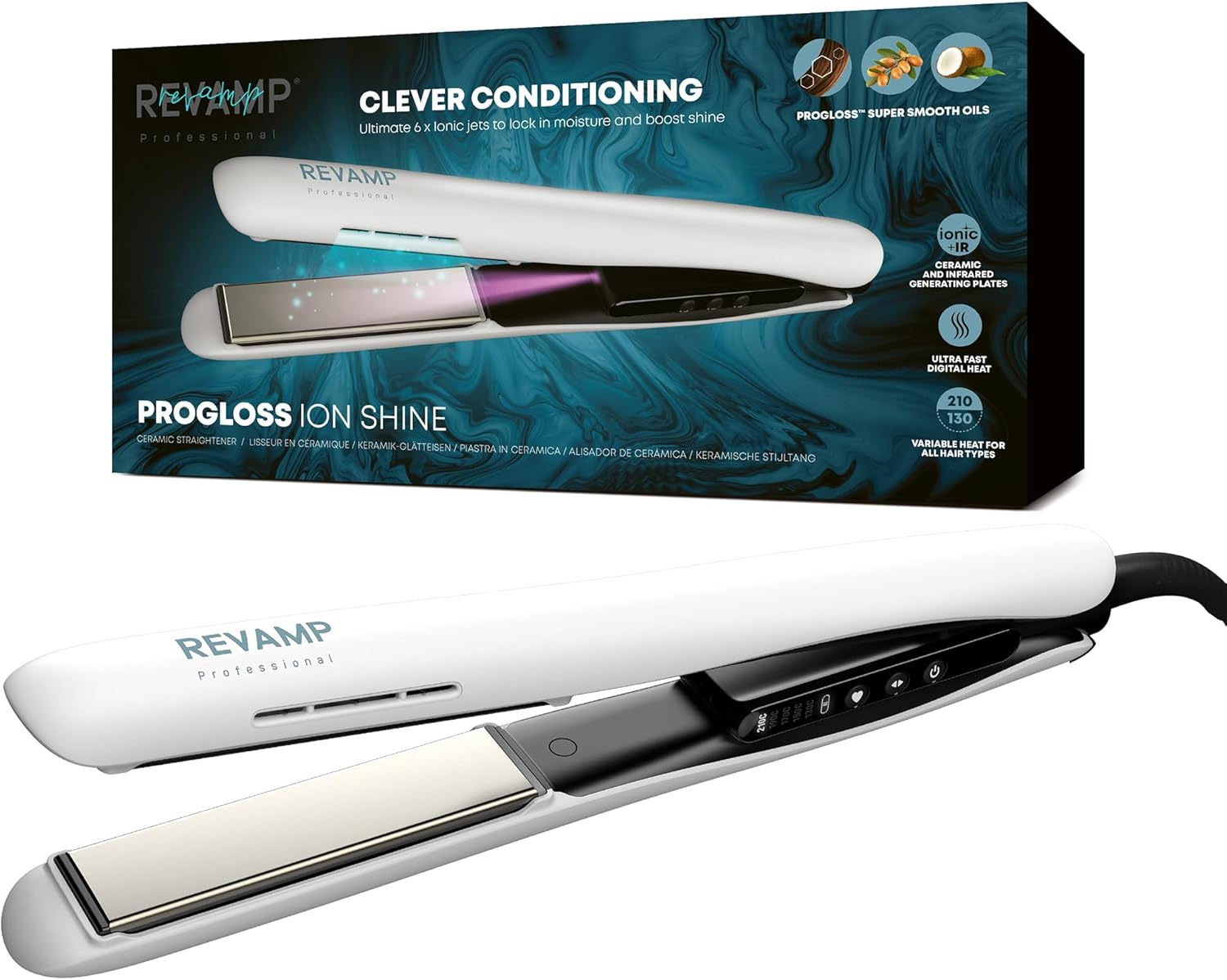 Revamp Progloss Ion Shine Ceramic Hair Straightener with Ion Technology for Frizz-Free Results Enriched with Progloss Smooth Keratin, Argan and Coconut Oil, Various Heat Levels - White