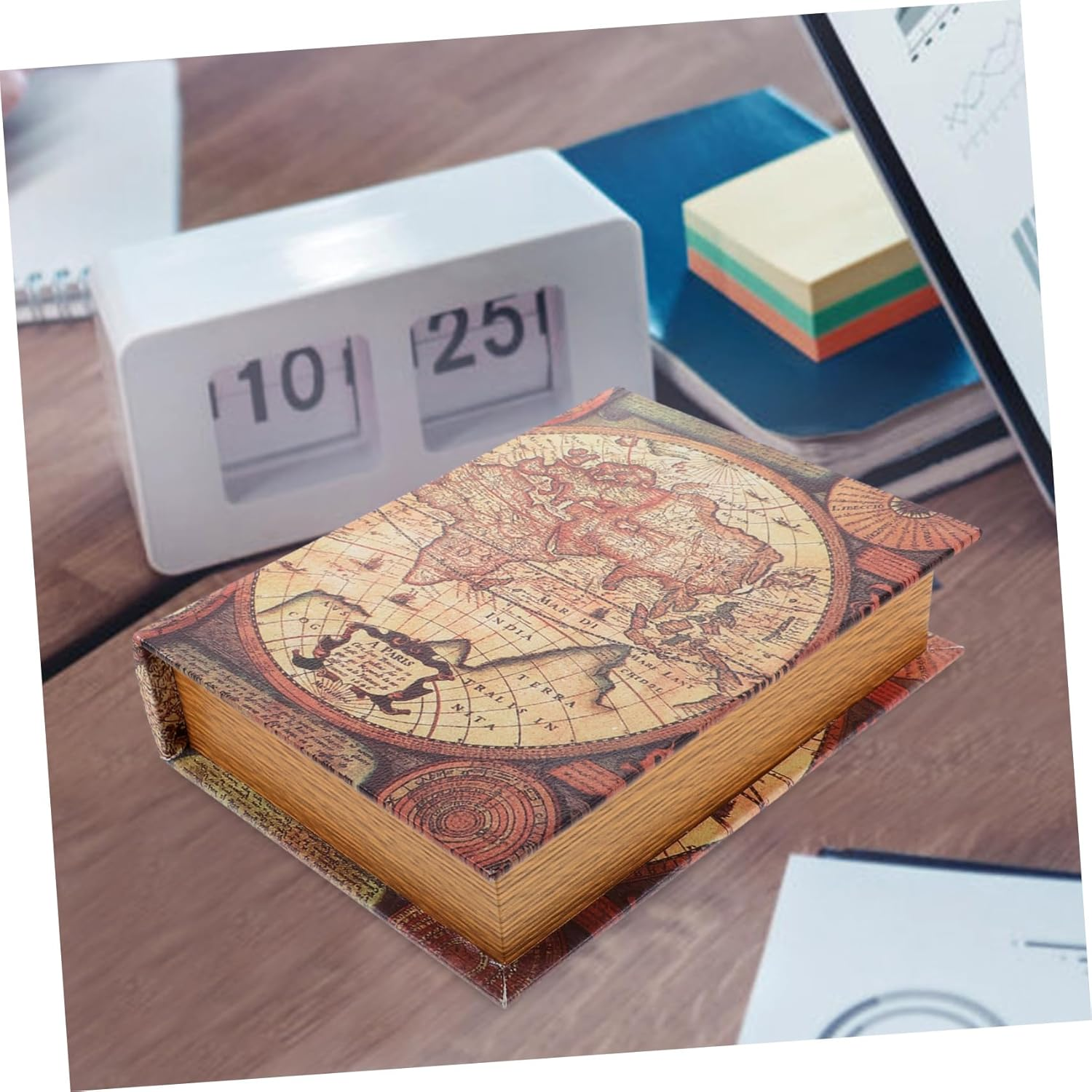 Mobestech Retro Faux Book Box Small Rectangular Trinket Storage Organizer Vintage Map Style False Book Keepsake Container for Home Office Shelf image number 5