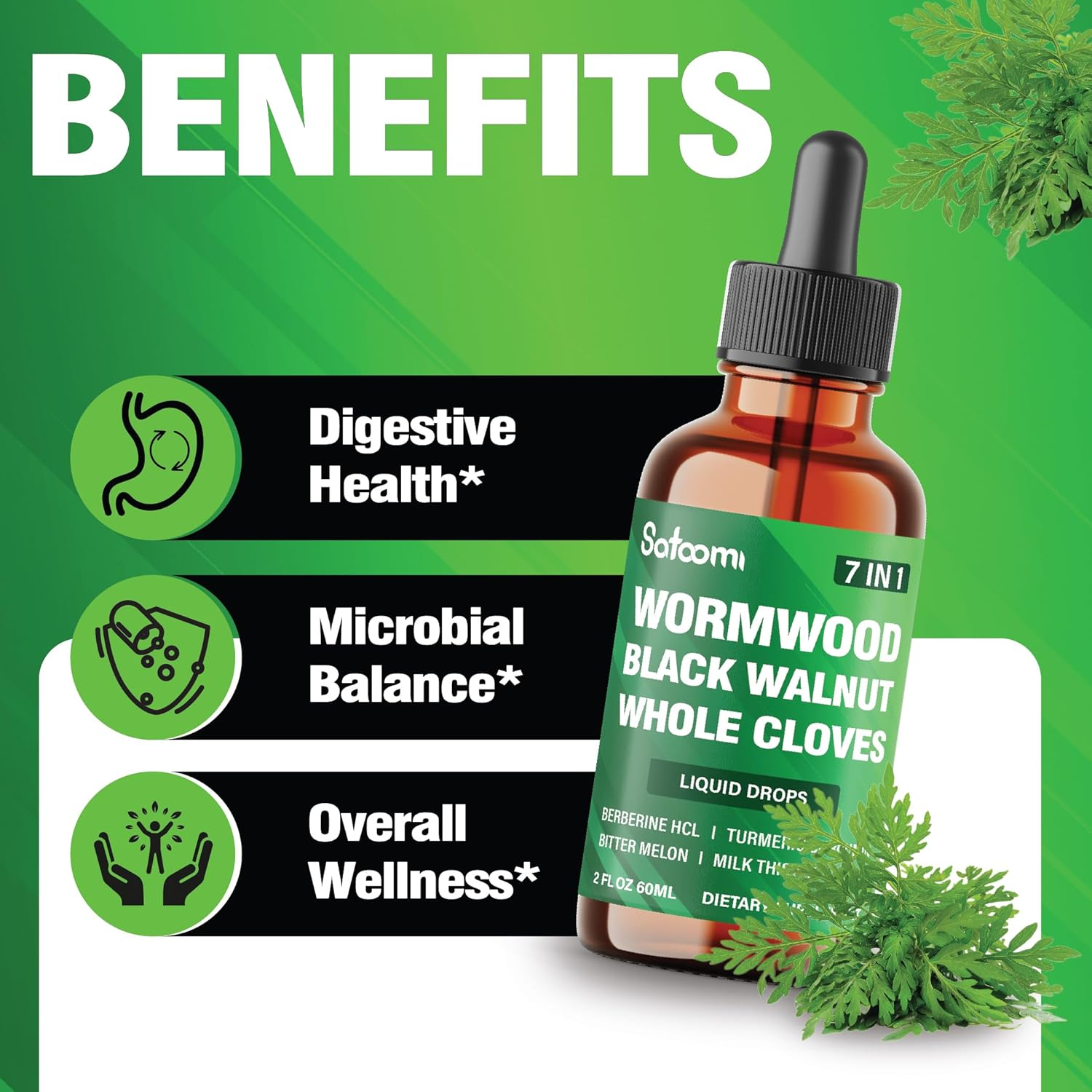 SATOOMI 7In1 Wormwood Liquid Drops with Black Walnut, Whole Cloves, Berberine, Milk Thistle, Bitter Melon and Turmeric - 60Ml for 60 Days image number 3