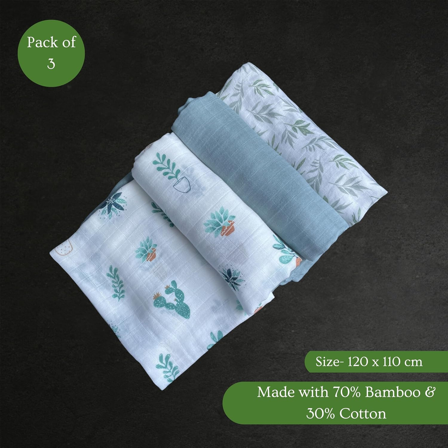Muslin Baby Swaddle Blanket/Wrap Set &ndash; 70% Bamboo & 30% Cotton &ndash; Soft, Lightweight, Breathable &ndash; Oeko-Tex Certified &ndash; 3-Pack &ndash; 120X110 Cm (Garden Whisper) image number 2
