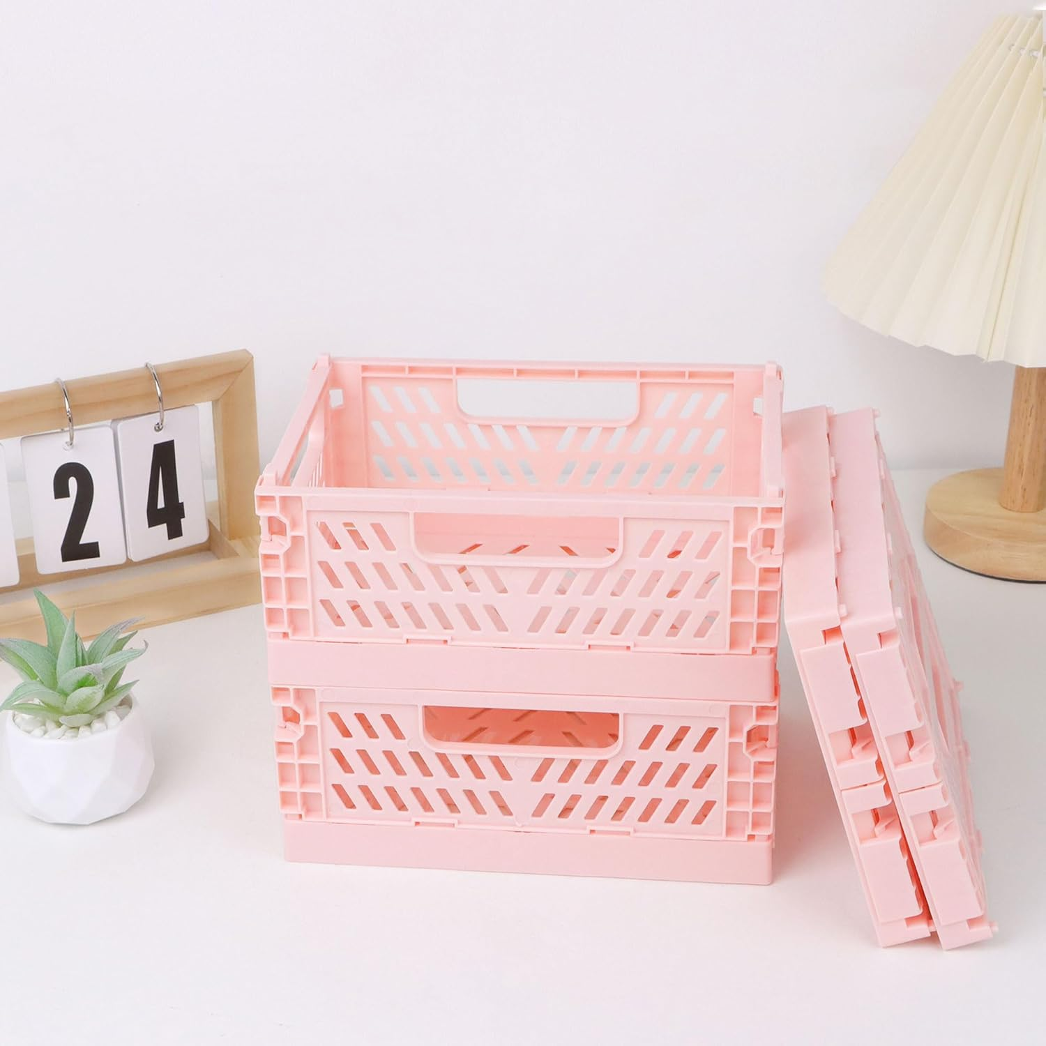 4-Pack Pink Baskets Plastic Storage Crate Small Baskets for Organizing Collapsible Storage Crates for Desk Organizers,Stackable Cute Storage Bins for Classroom,Office,Bathroom 5.9"X 3.9" X 2.3" image number 3